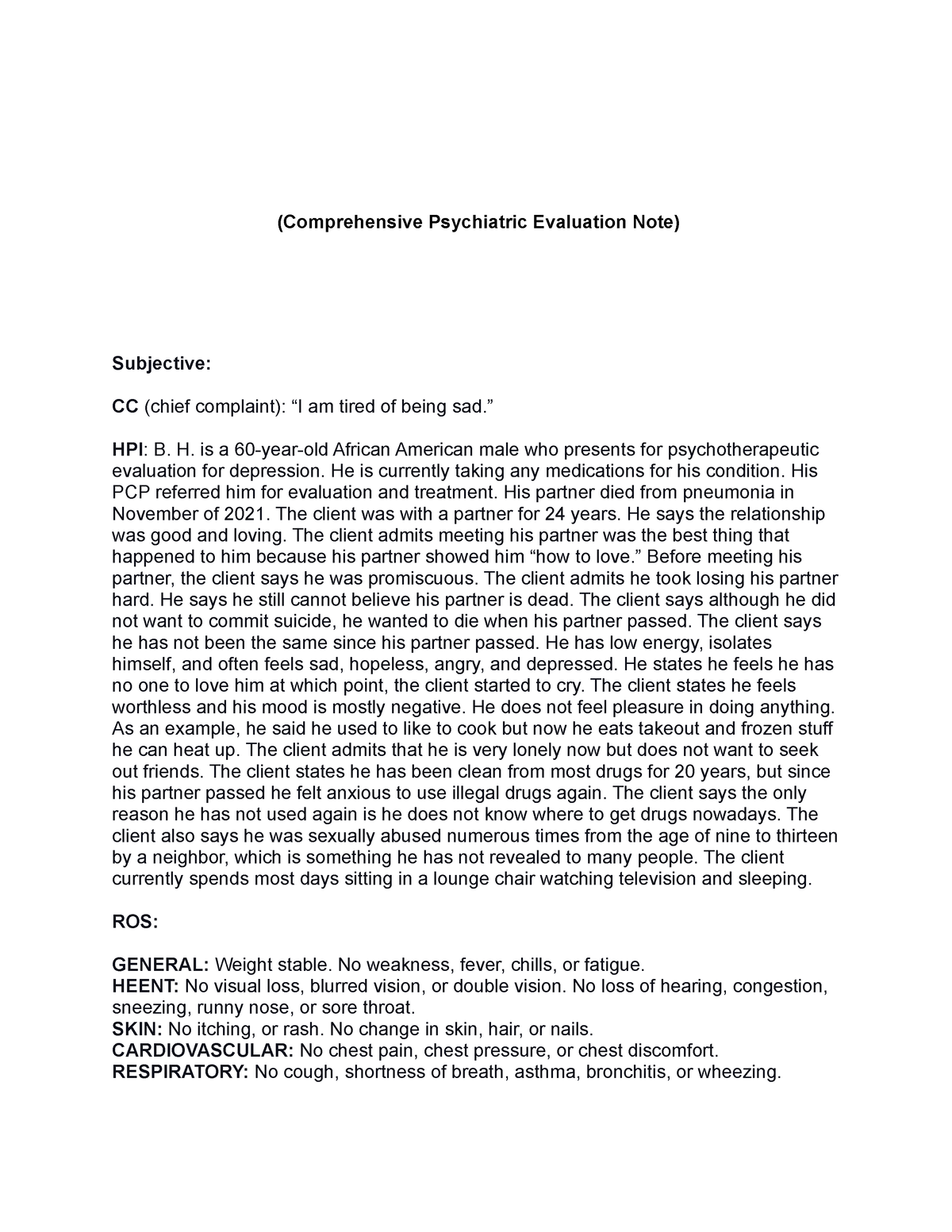 Comprehensive Psychiatric Evaluation Note - (Comprehensive Psychiatric ...