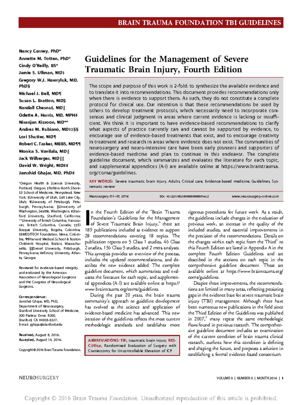 1B. Guidelines for the Management of Severe Traumatic Brain Injury ...