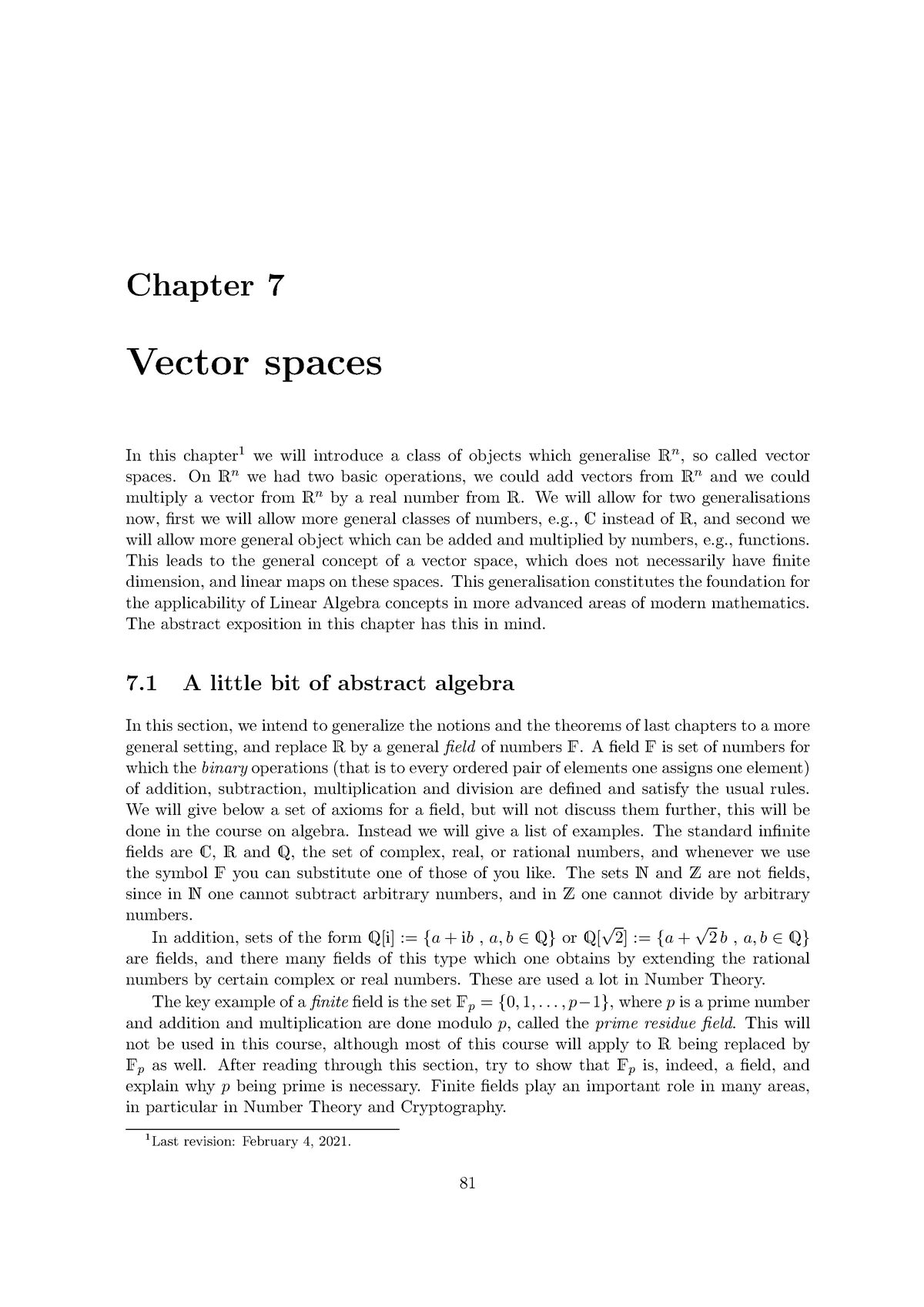 Linear Algebra B Lecture Notes - Chapter 7 Vector Spaces In This ...