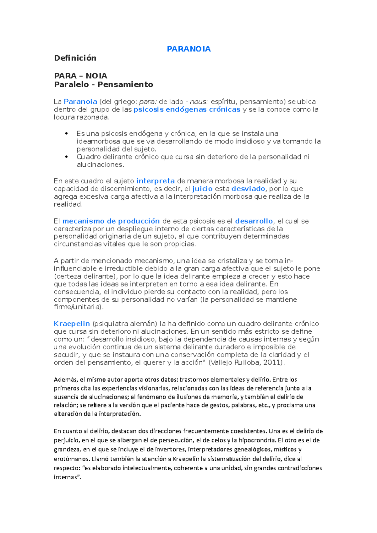 Paranoia - apuntes de clase y resumen de cap - PARANOIA Definición PARA ...