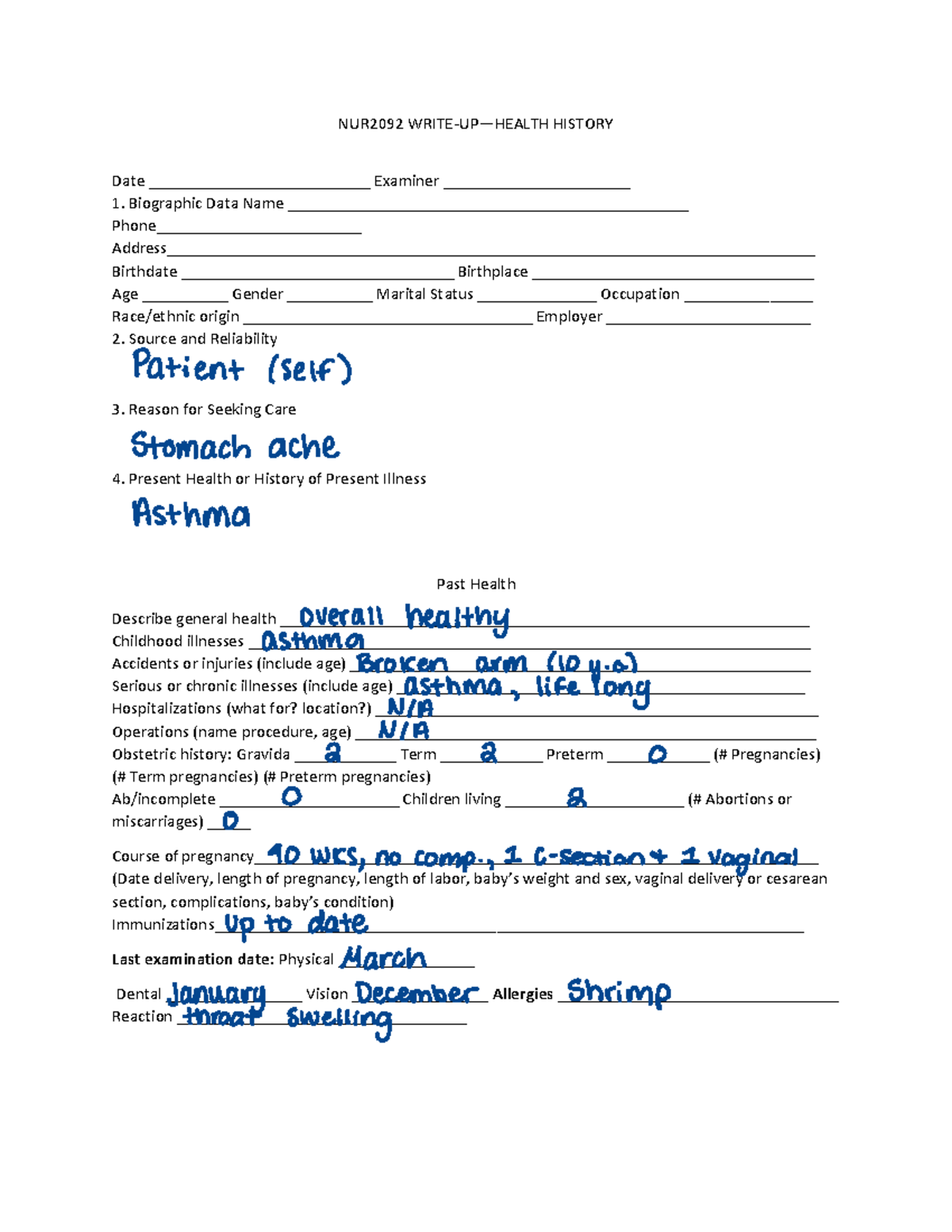 Health Assessment Health History Form 2 NUR2092 WRITE UP 4 HEALTH 