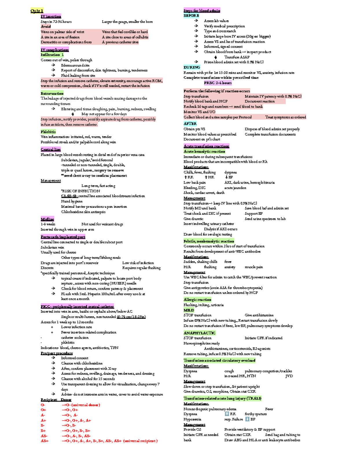 1400 Notes - Quiz 1 IV insertion Stays in 72-96 hours Larger the gauge ...