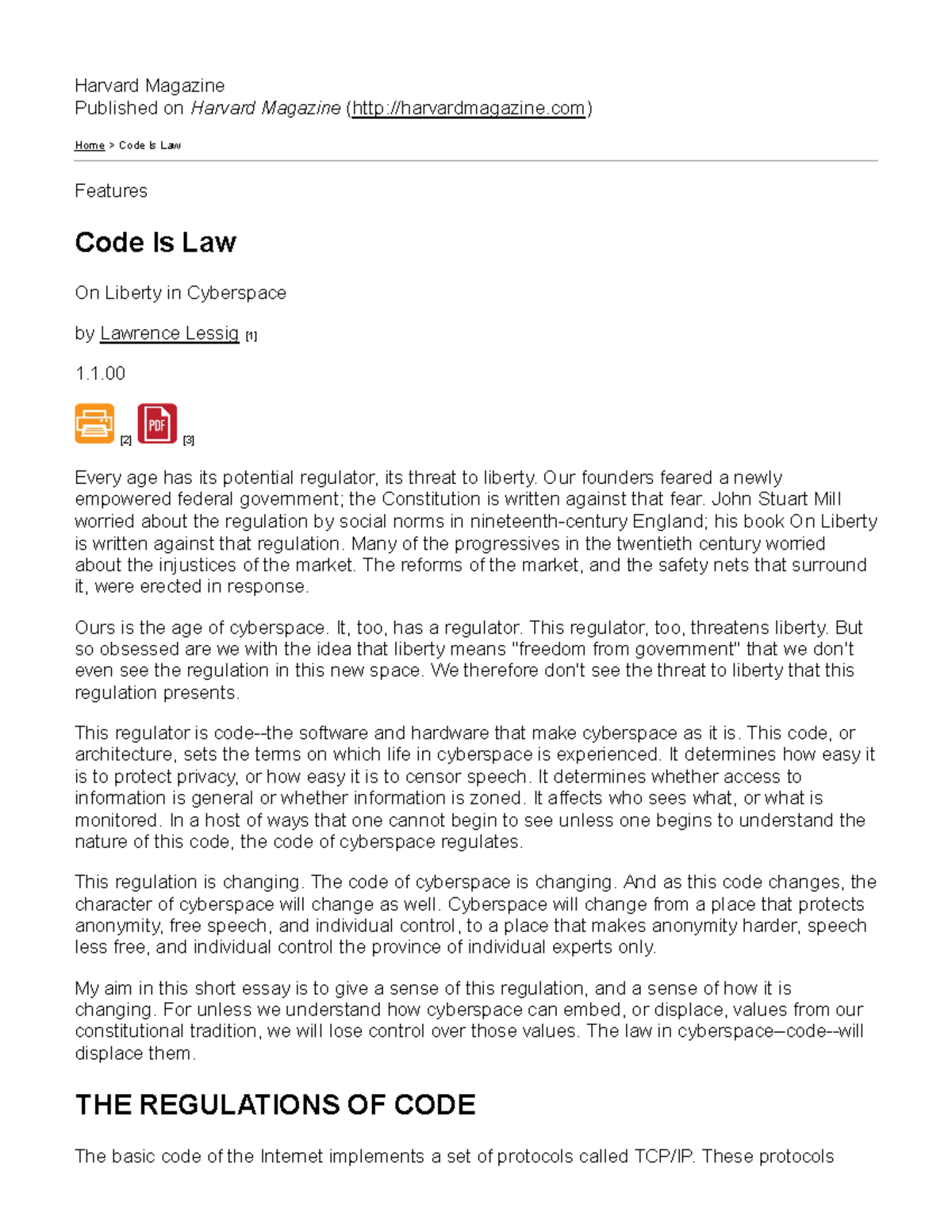 Code is Law - Lecture notes specific - Harvard Magazine Published on ...