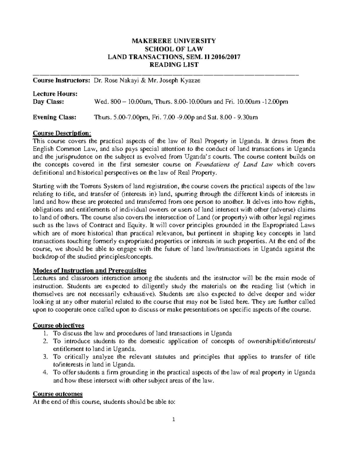 2017 LAND Transaction Reading LIST updated & CW pdf MAKERERE