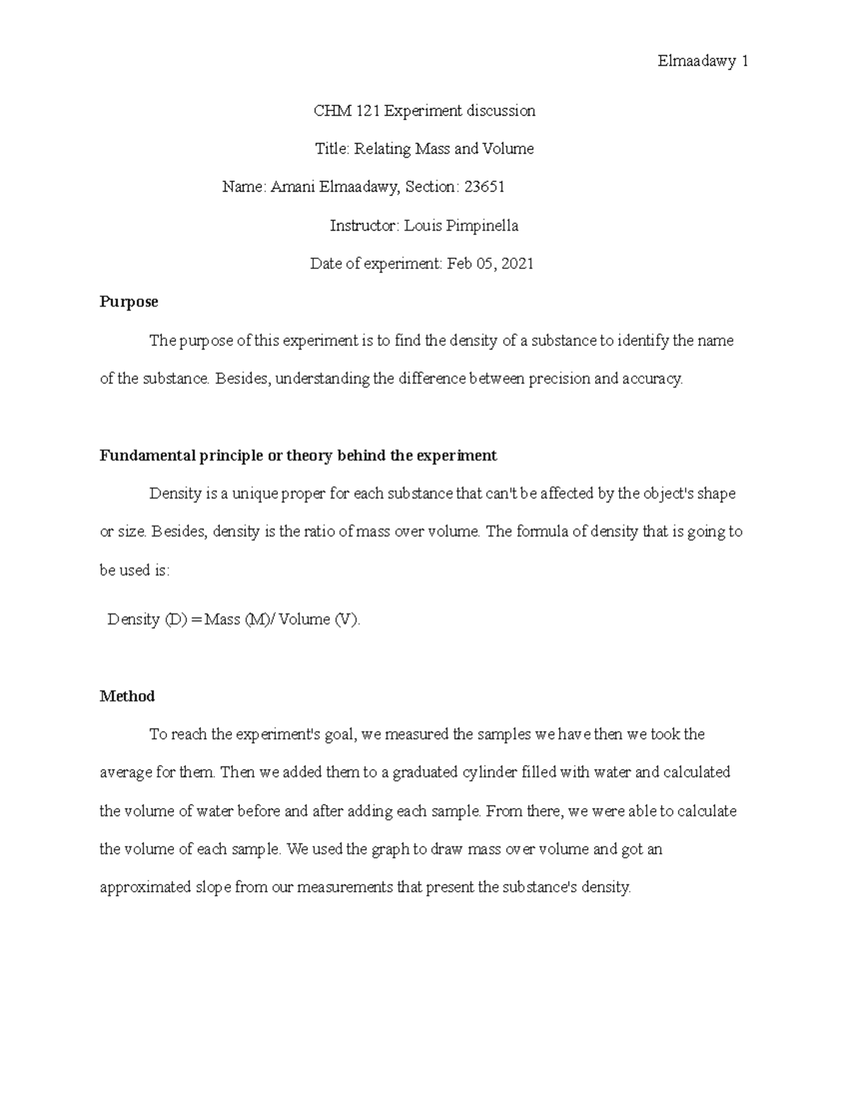 Relating Mass and Volume Lab Report Elmaadawy 1 CHM 121 Experiment