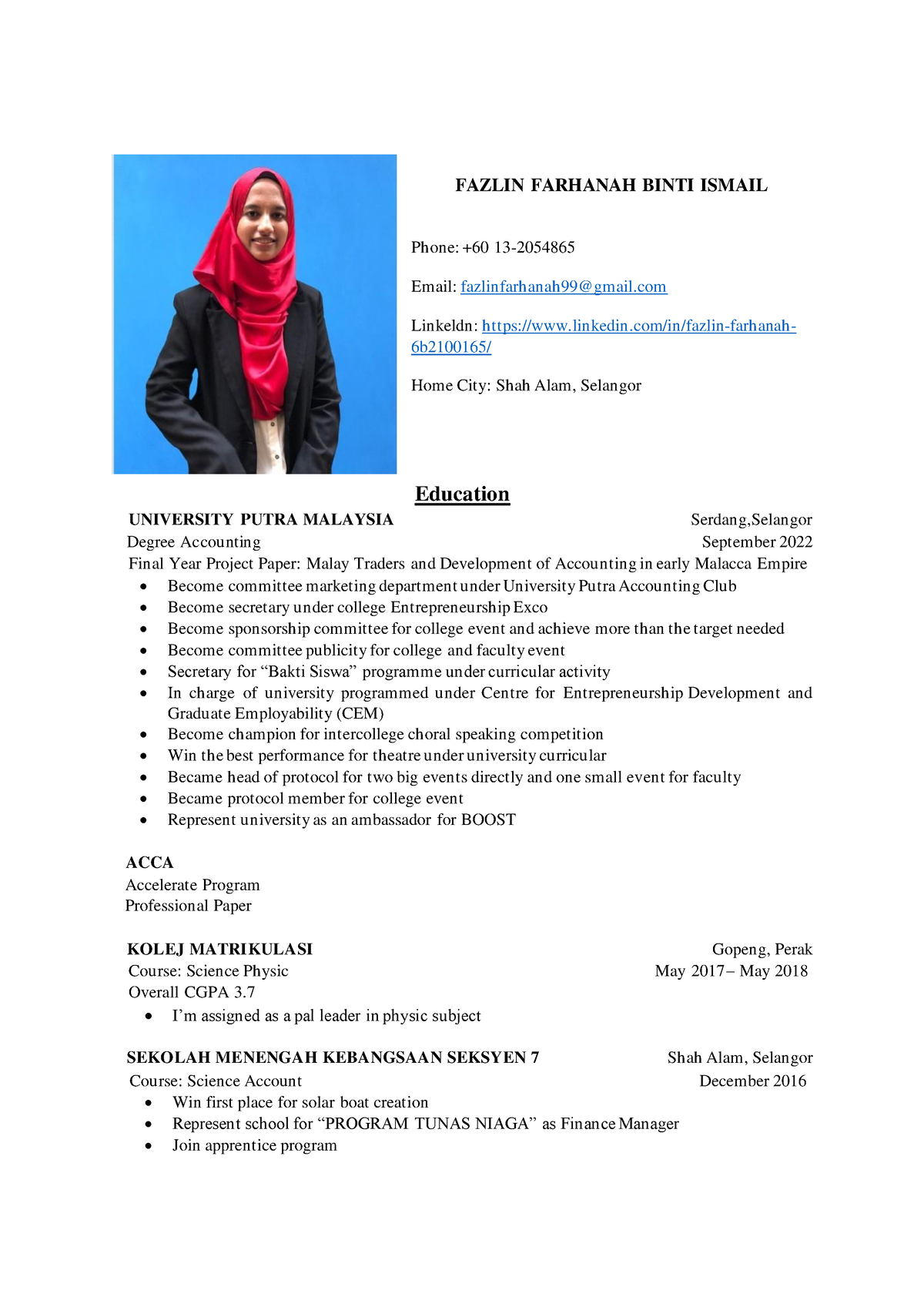 CV Fazlin Farhanah Binti Ismail - FAZLIN FARHANAH BINTI ISMAIL Phone ...