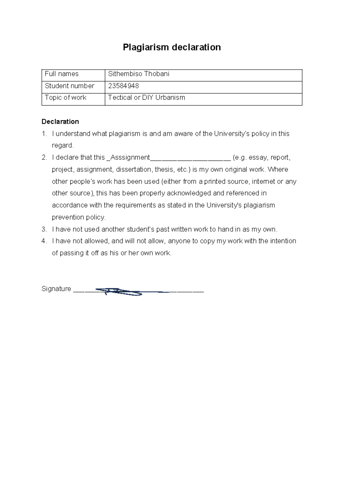 GGY 201 Assignment - Plagiarism declaration Full names Sithembiso ...