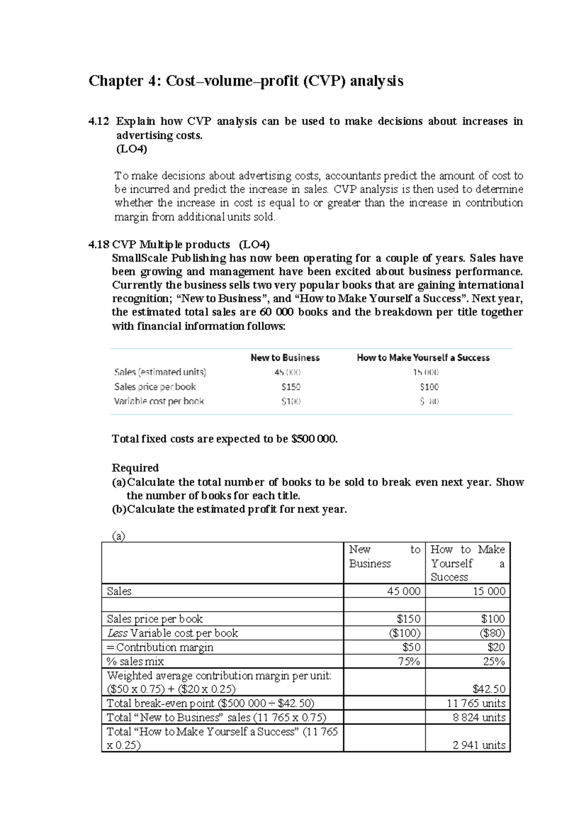 Chapter 4: CVP Analysis - Key Concepts and Calculations (LO2, 3, 4 ...