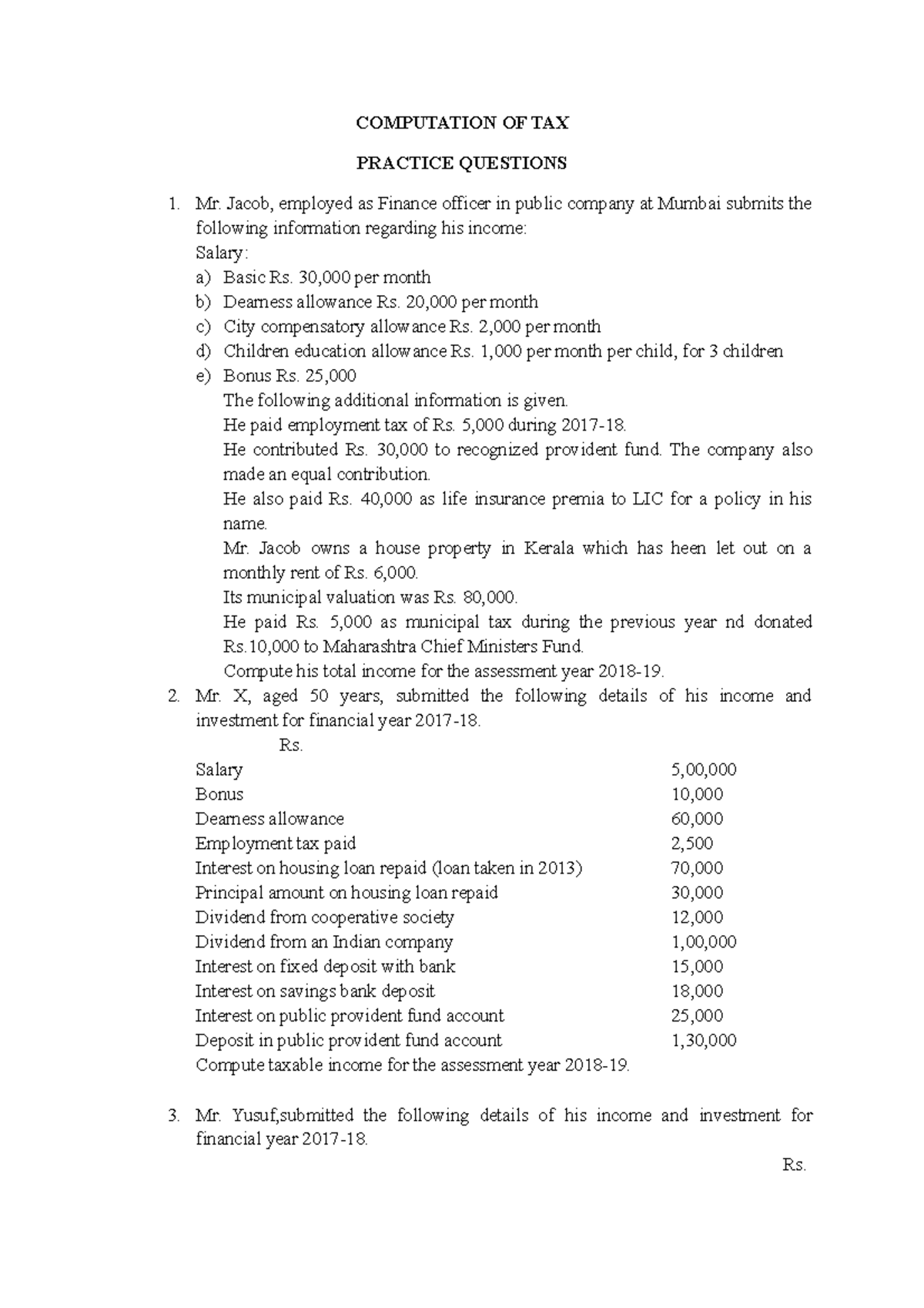 Direct Taxation- DOC 1 - PRACTICE QUESTIONS - COMPUTATION OF TAX ...