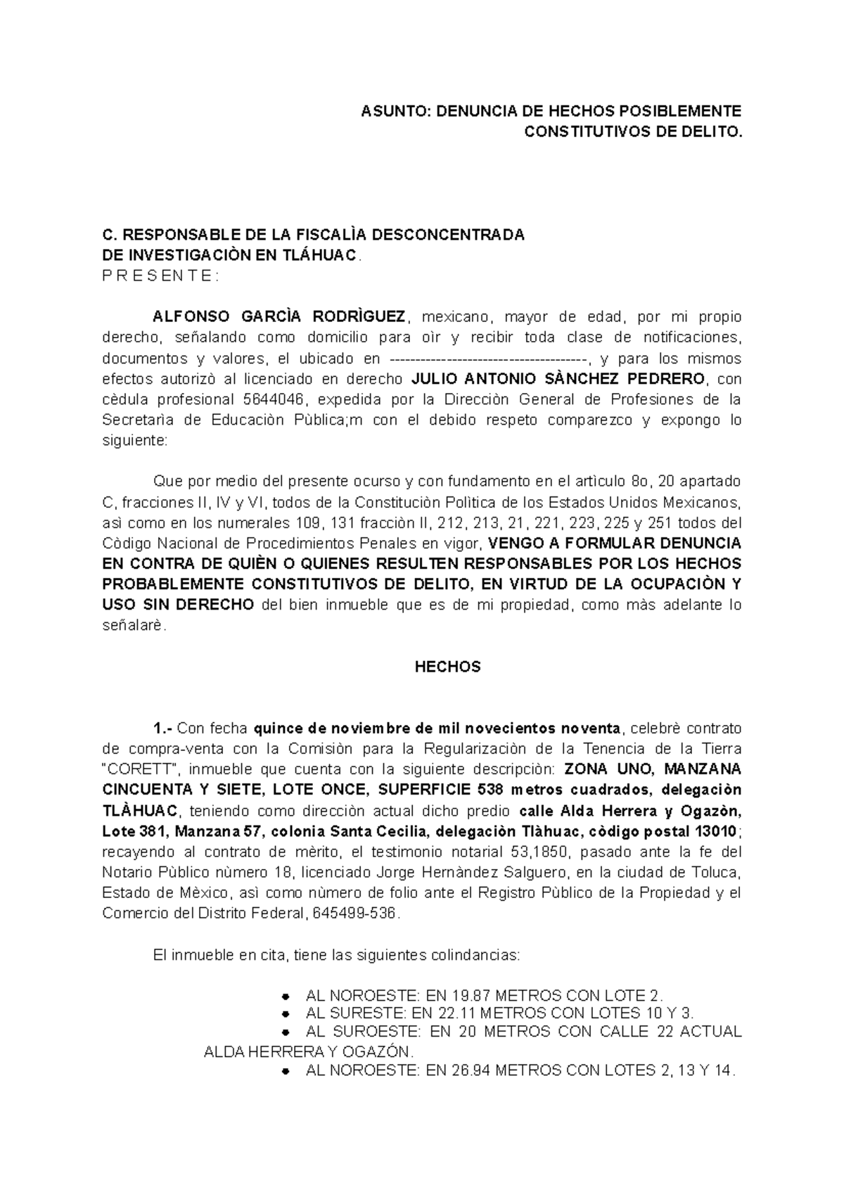 315433343 Denuncia Delito Despojo Carpeta De Investigacion - ASUNTO ...