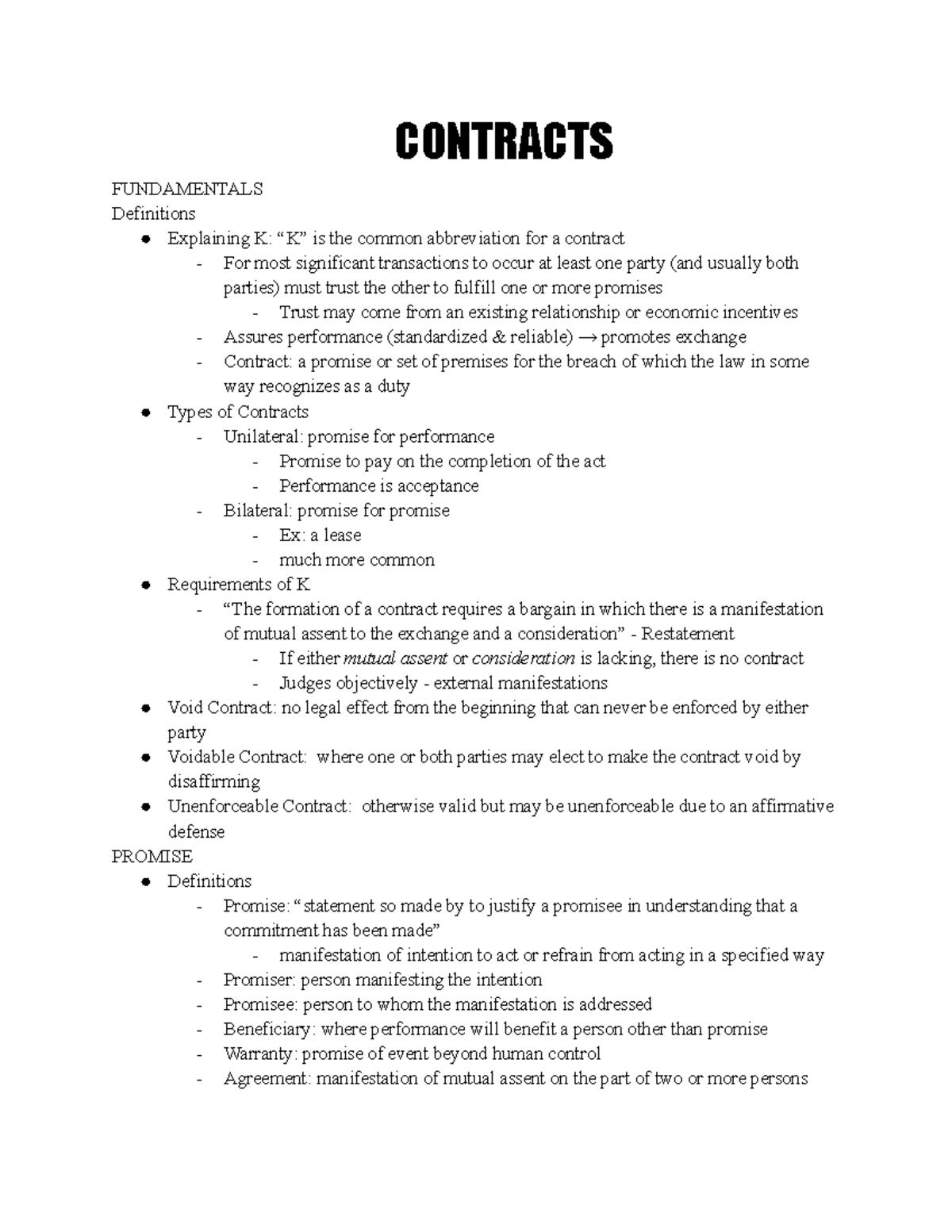 Contracts Midterm Outline - CONTRACTS FUNDAMENTALS Definitions ...