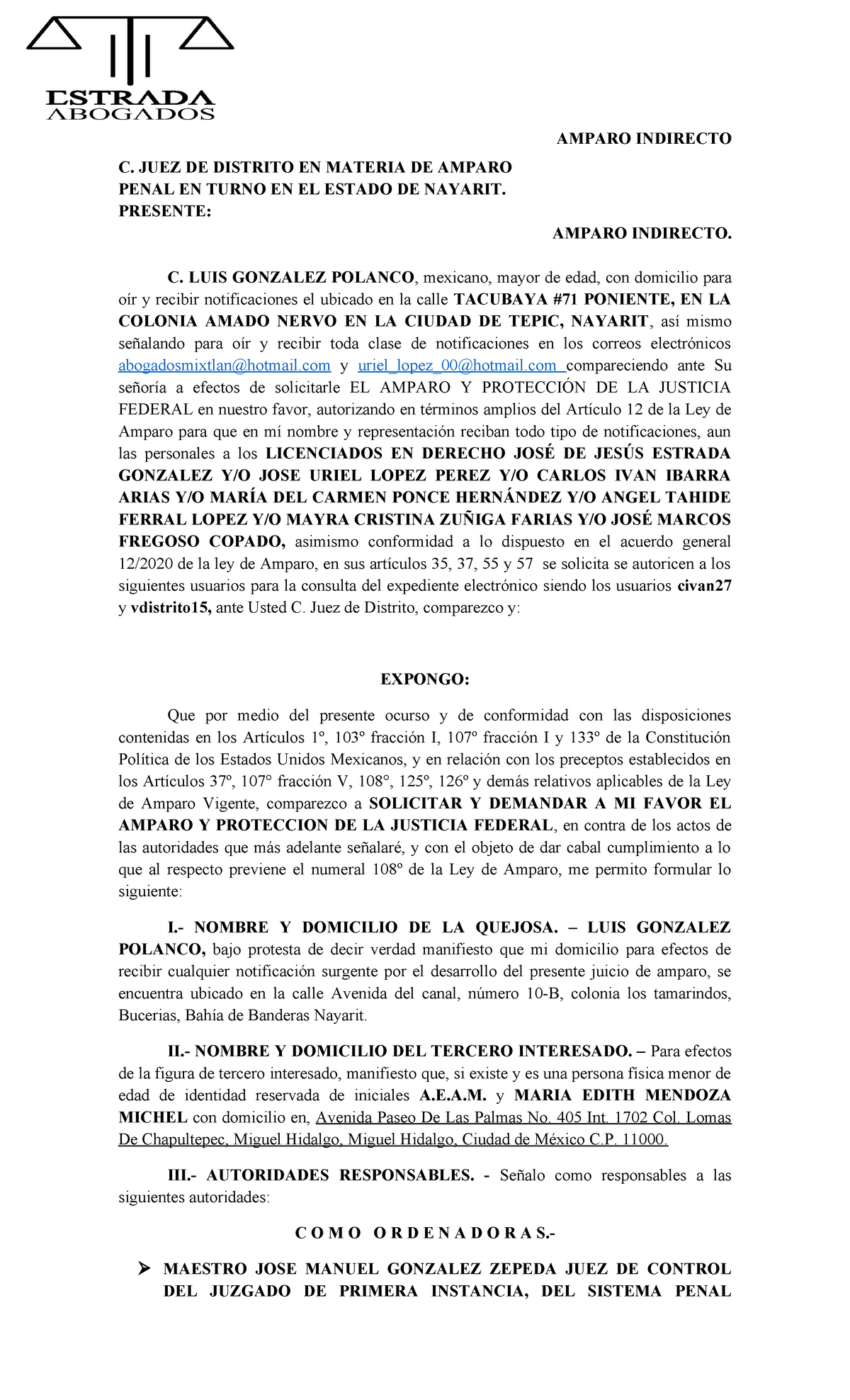 Amparo indirecto Polanco - AMPARO INDIRECTO C. JUEZ DE DISTRITO EN ...