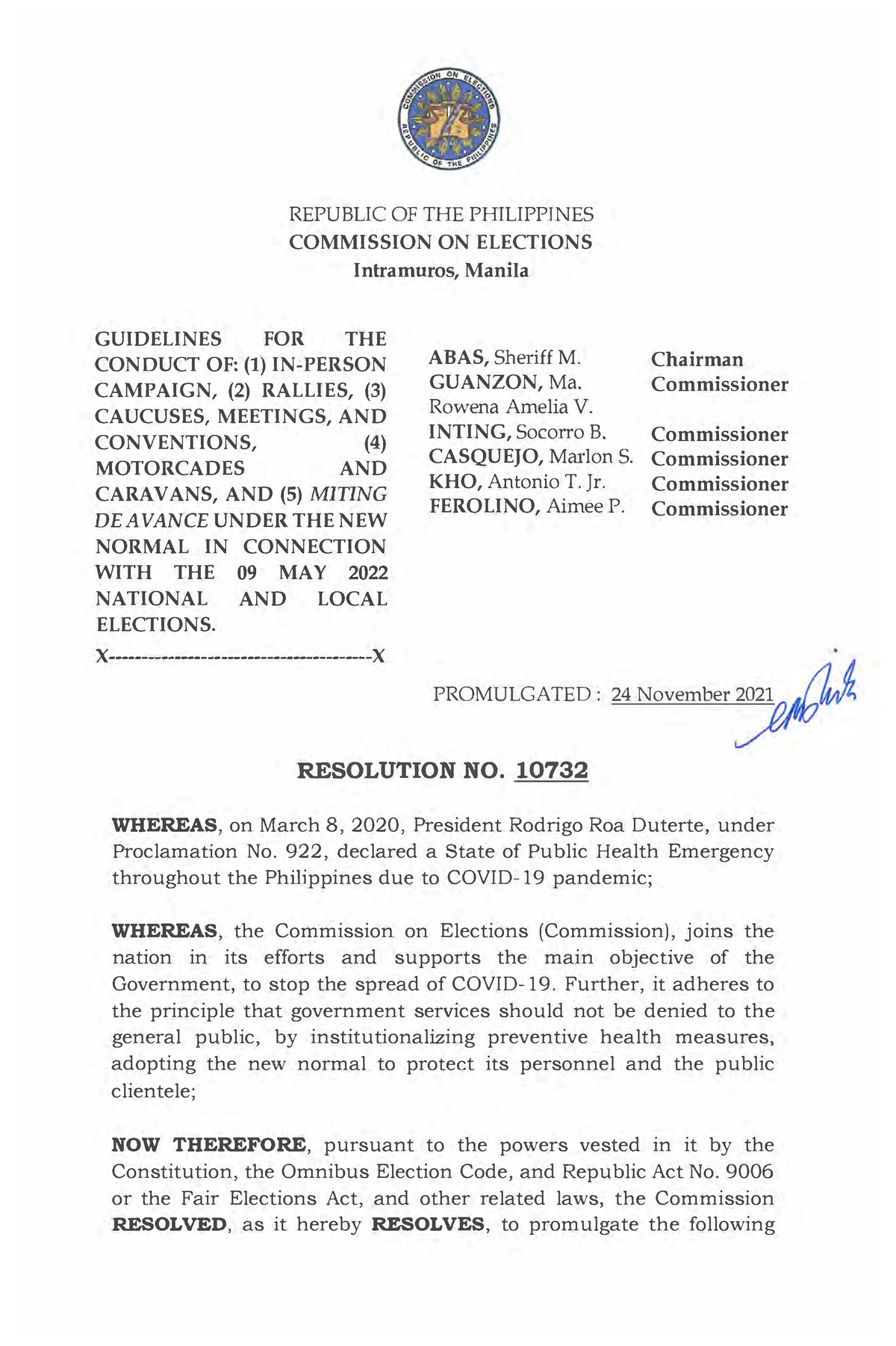 Comelec Resolution No. 10732 New Normal Campaign Rules REPUBLIC OF