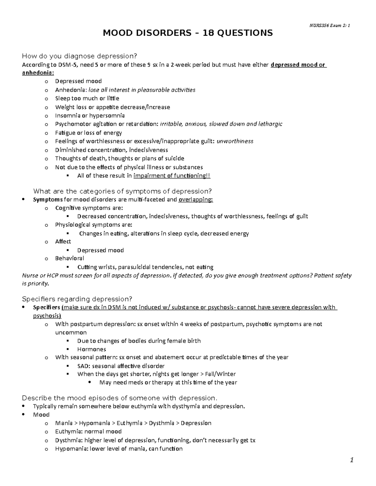 Nurs354 Exam 2 Study-RD - NURS356 Exam 2: 1 MOOD DISORDERS – 18 ...