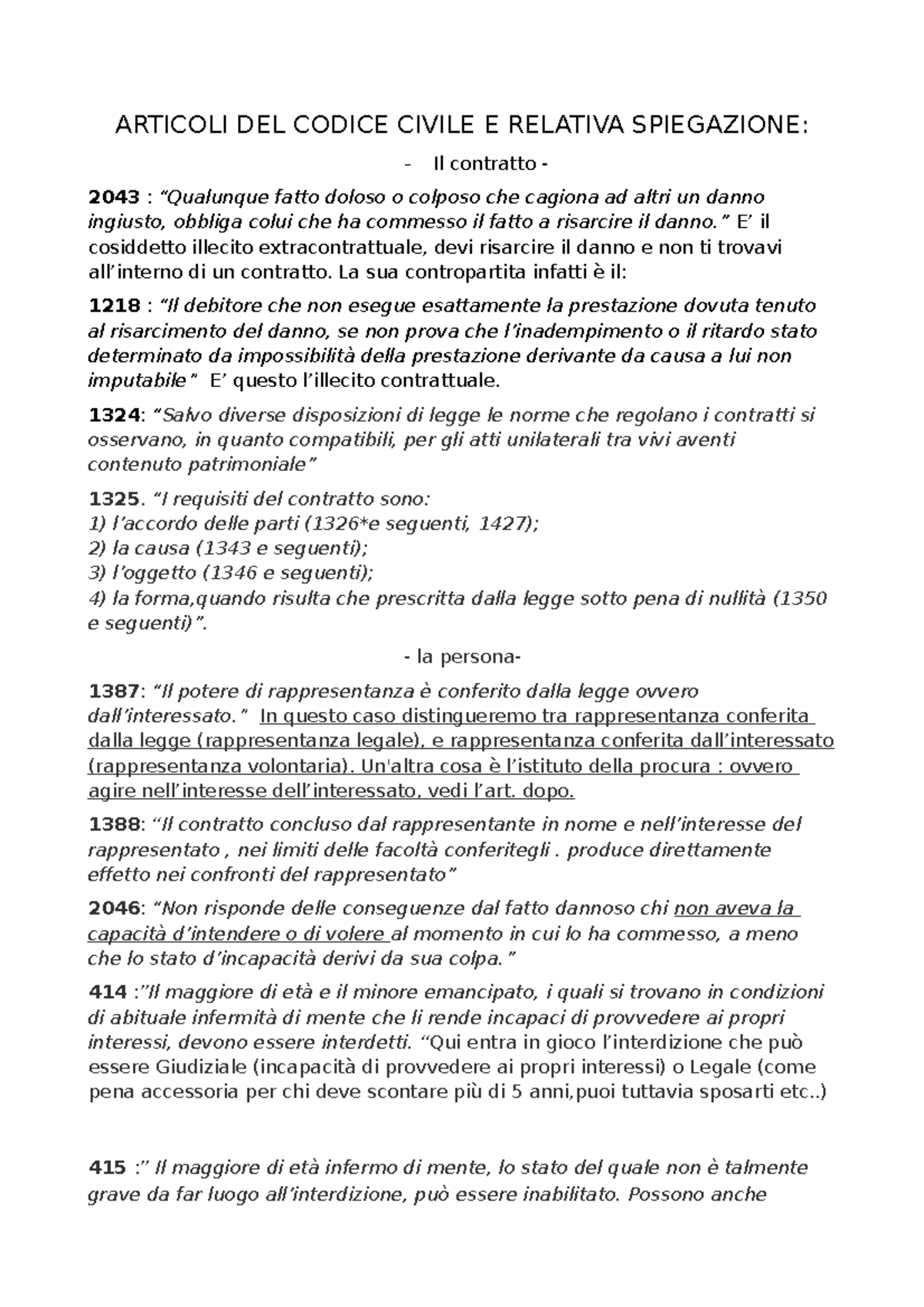 Appunti, articoli del codice civile e relativa spiegazione Diritto