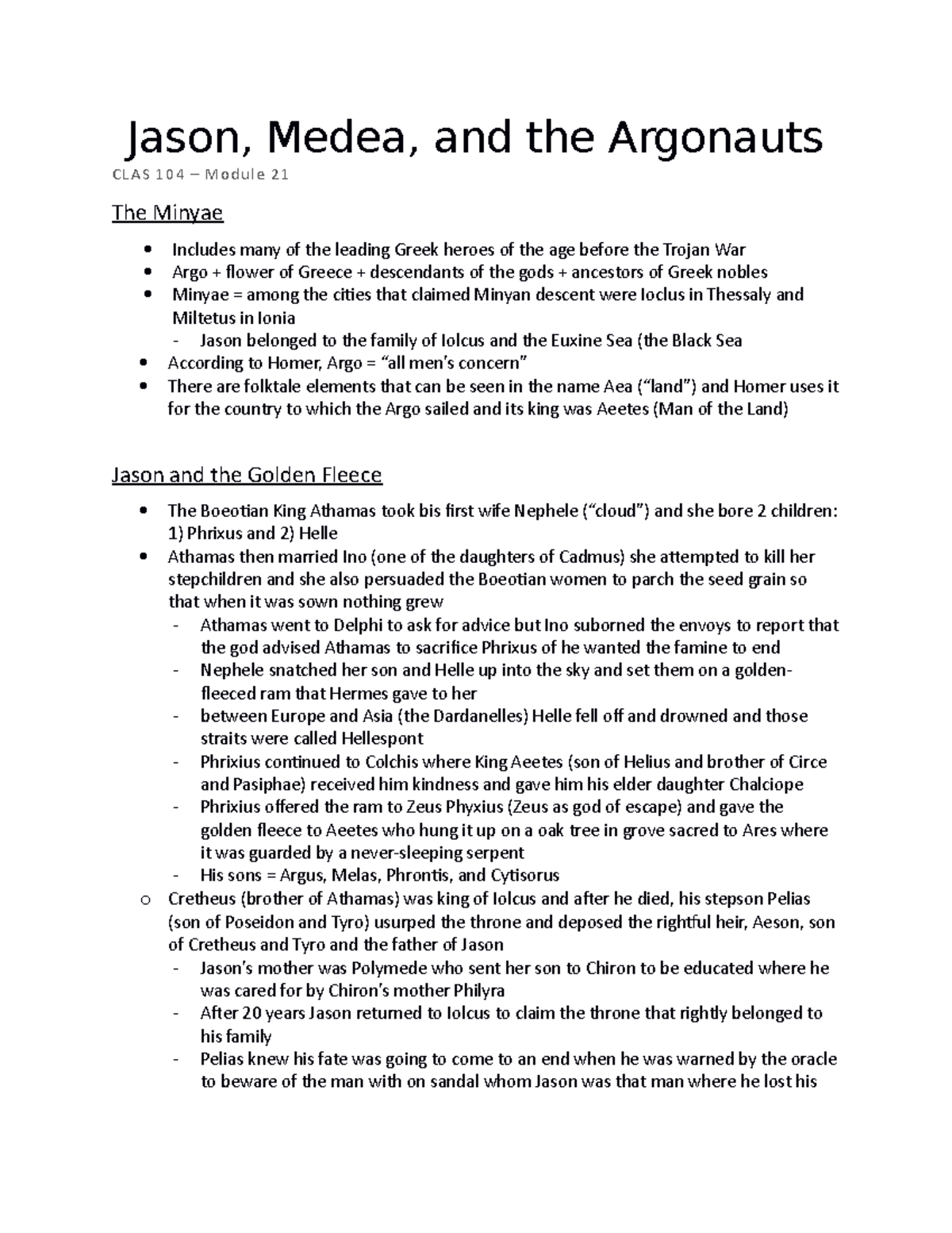 Jason Lecture Notes - Jason, Medea, and the Argonauts CLAS 104 – Module ...