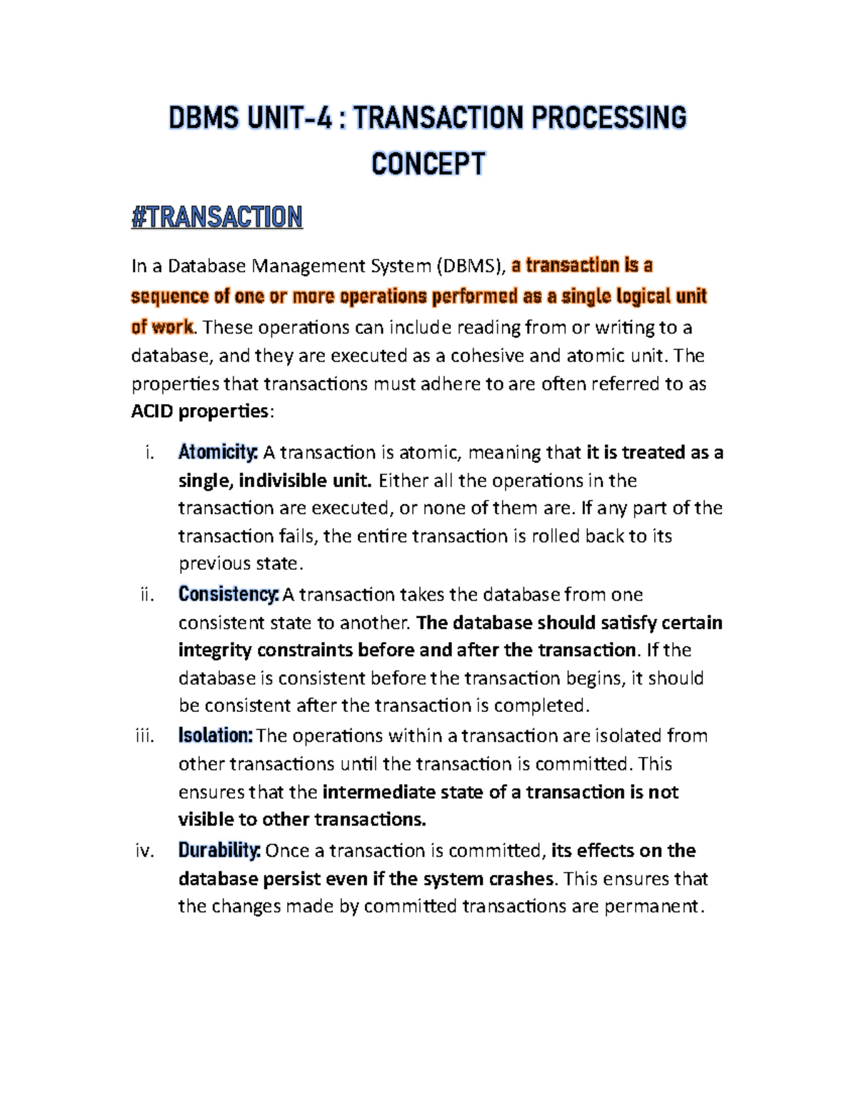 DBMS UNIT-4 ( Transaction Processing Concept) - DBMS UNIT-4 ...