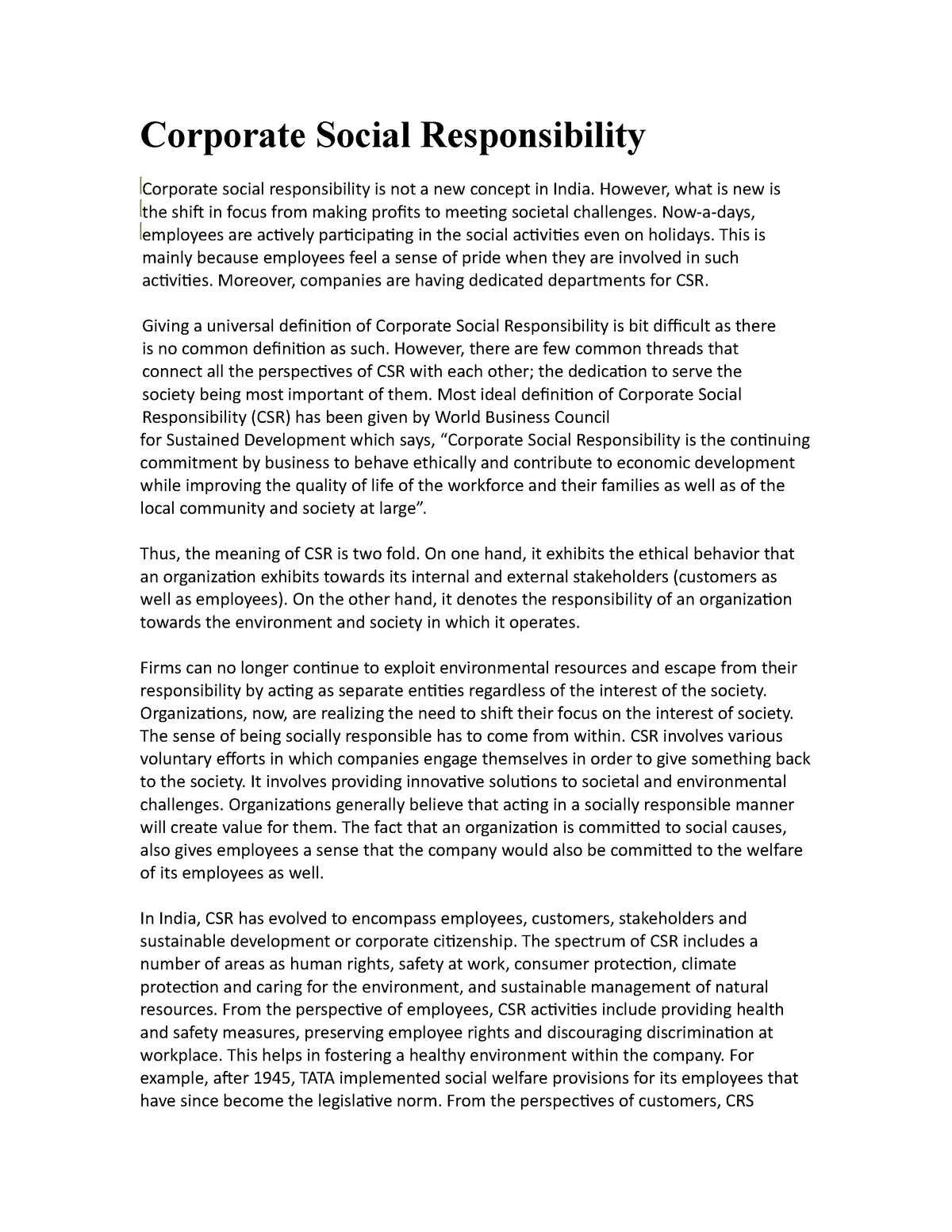 corporate social responsibility and business ethics essay