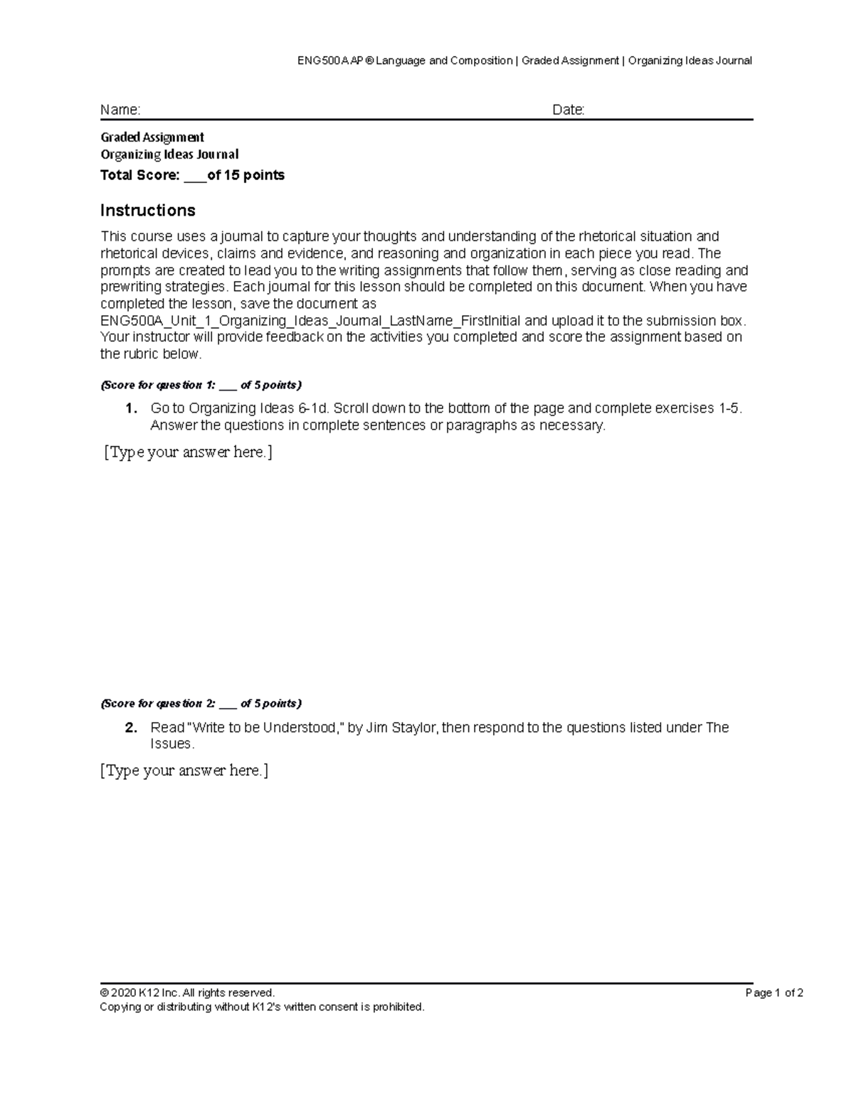 ENG500A Unit 1 Lesson 4 Journal GA - ENG500A AP® Language and ...
