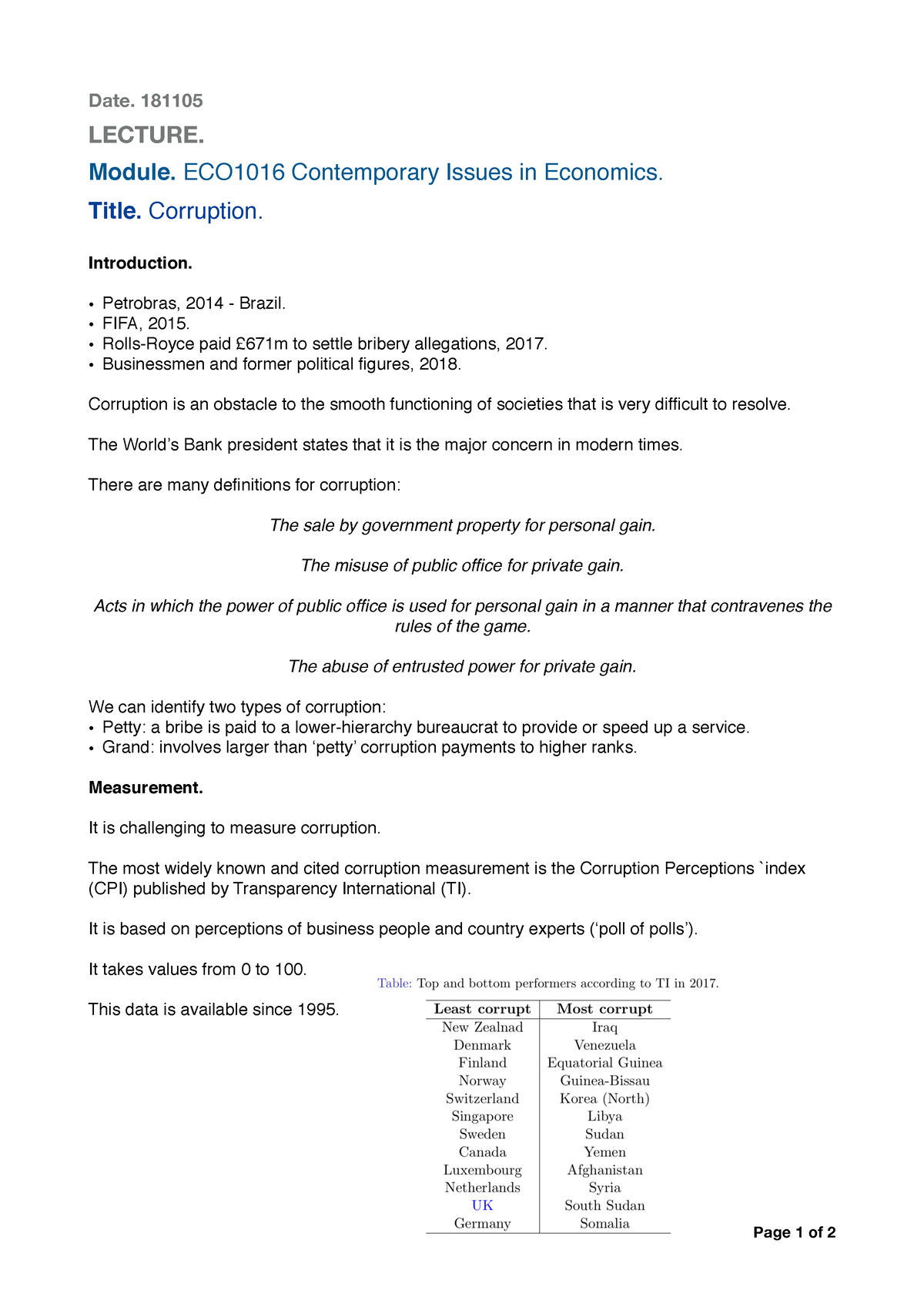 181105 ECO1016 6 LECT B Corruption - Date. 181105 LECTURE. Module ...