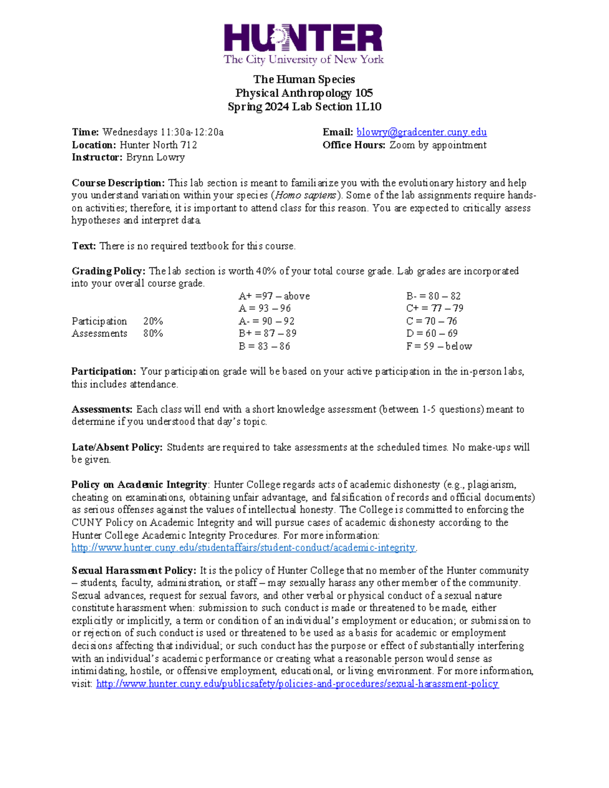 ANTHP 105 Fall 2024 Lab 1L10 Syllabus - The Human Species Physical ...