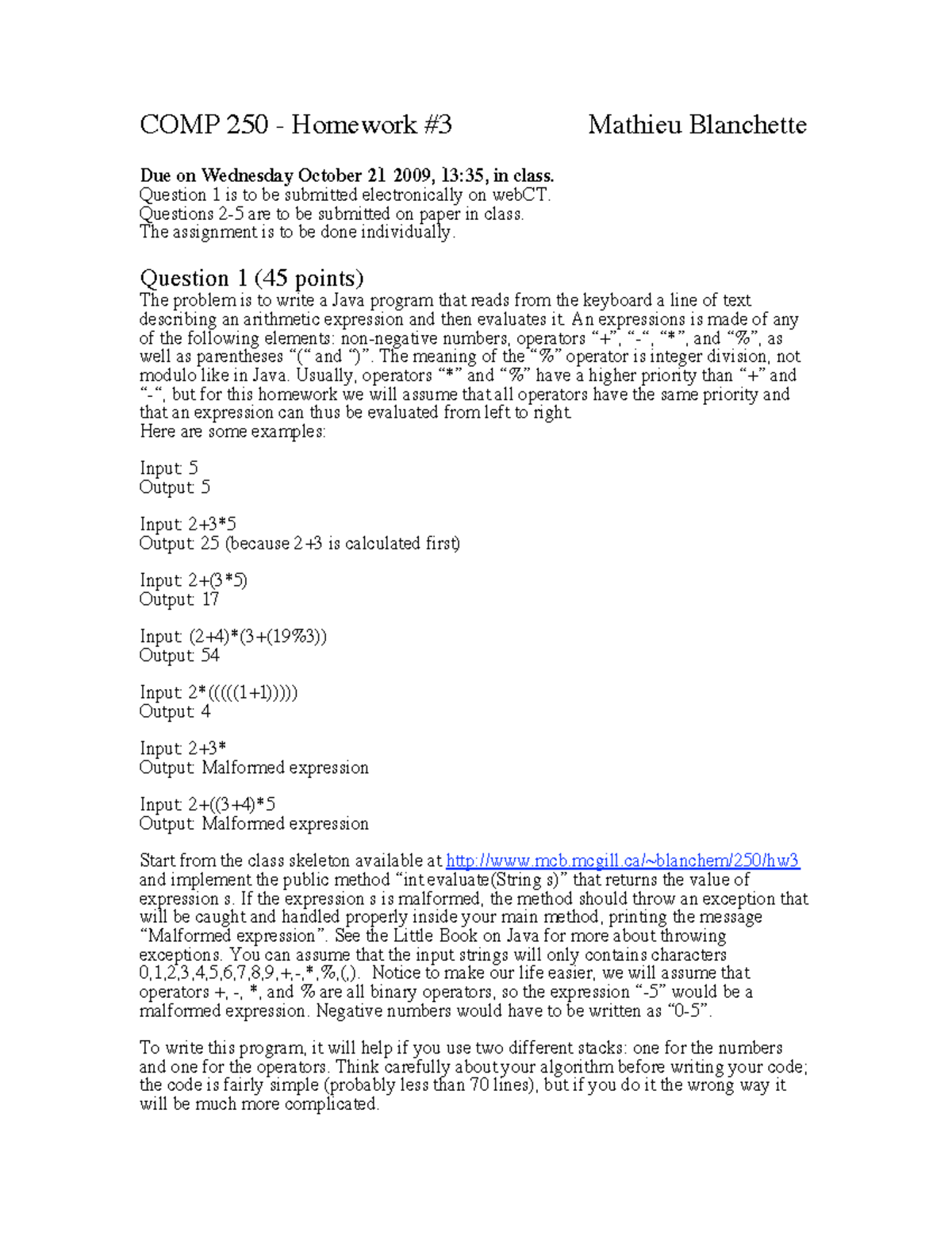 Homework 3 Questions - Exam/Practice - COMP 250 - Homework #3 Mathieu ...