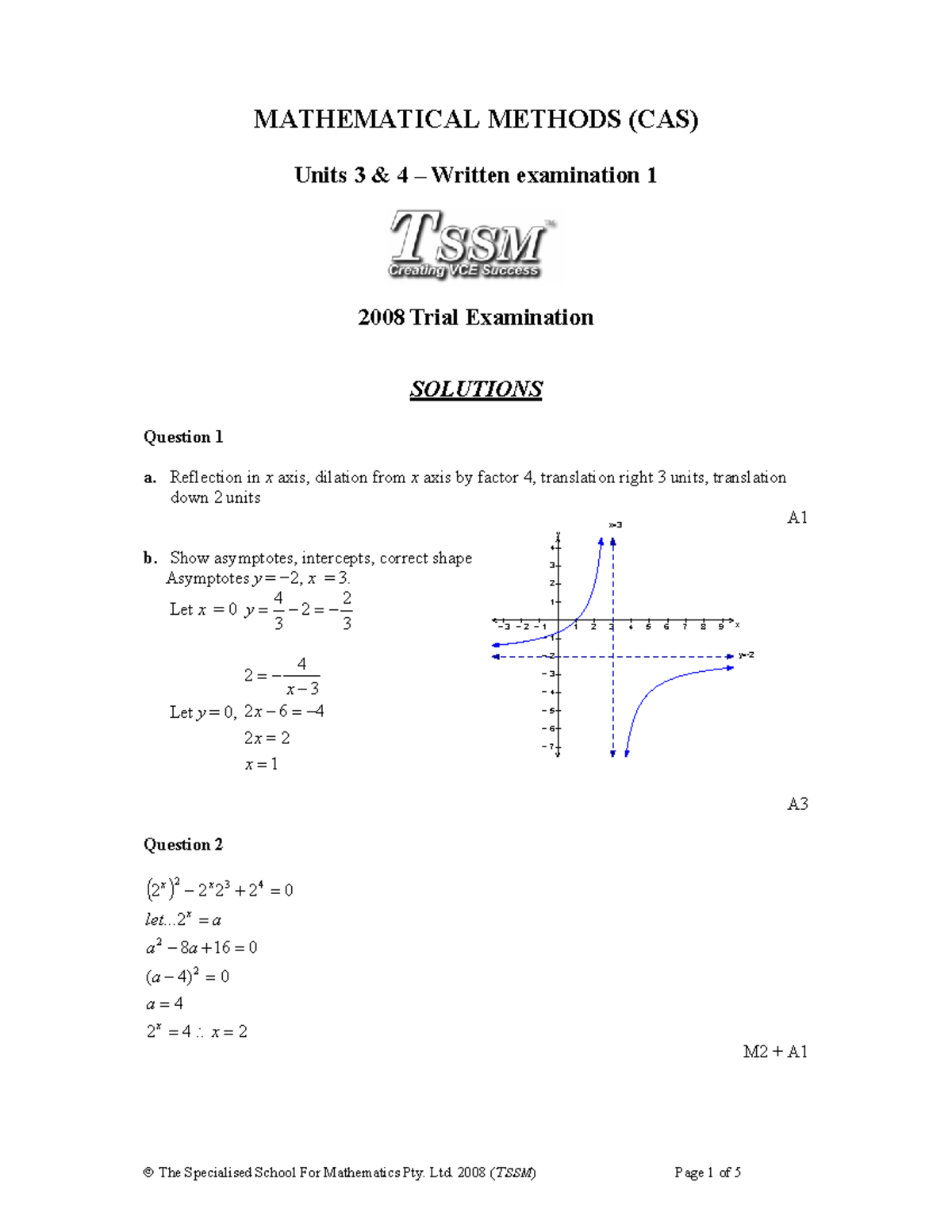 2008 tssm exam 1 solutions - MATHEMATICAL METHODS (CAS) Units 3 & 4 ñ ...