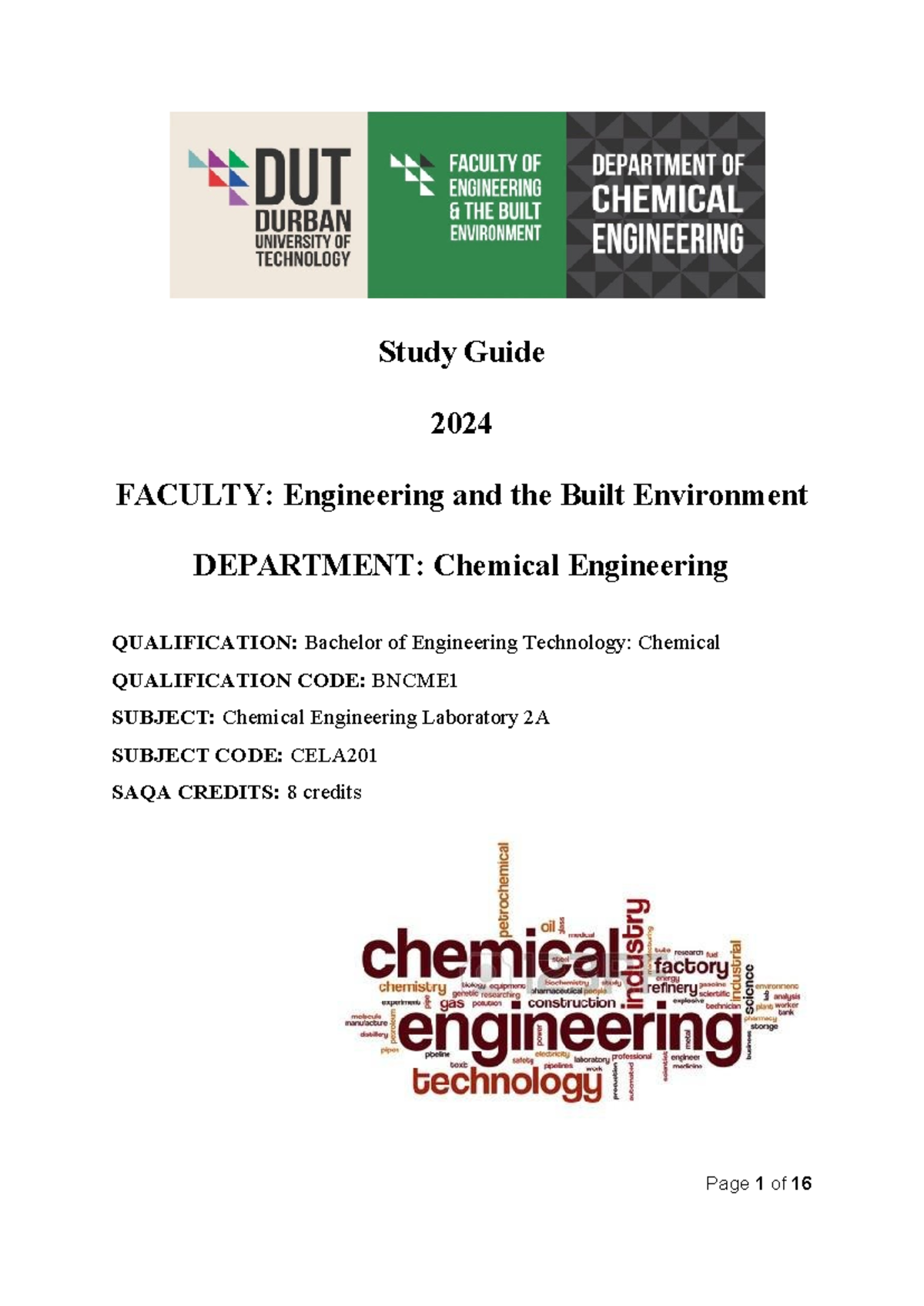 Chem Eng Lab2A study guide 2024 Study Guide 2024 FACULTY Engineering and the Built
