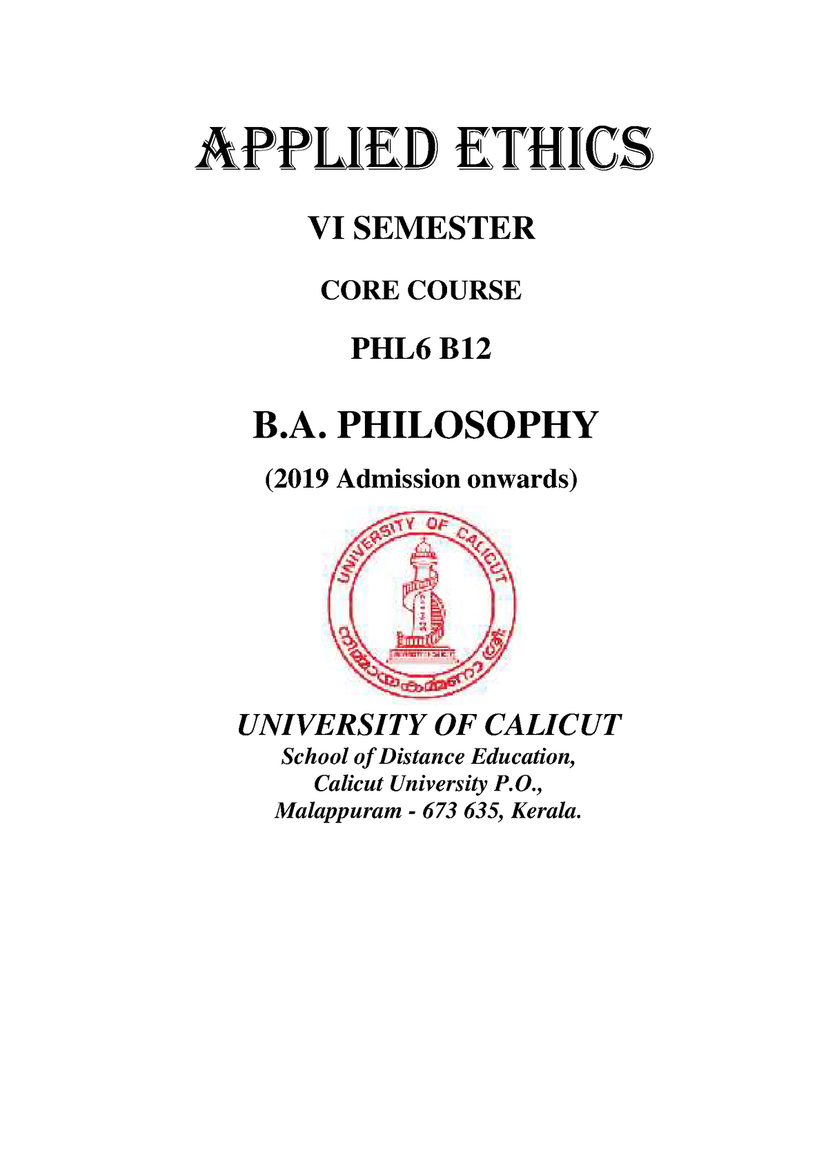 SLM - Philo-Applied Ethics - APPLIED ETHICS VI SEMESTER ####### CORE ...