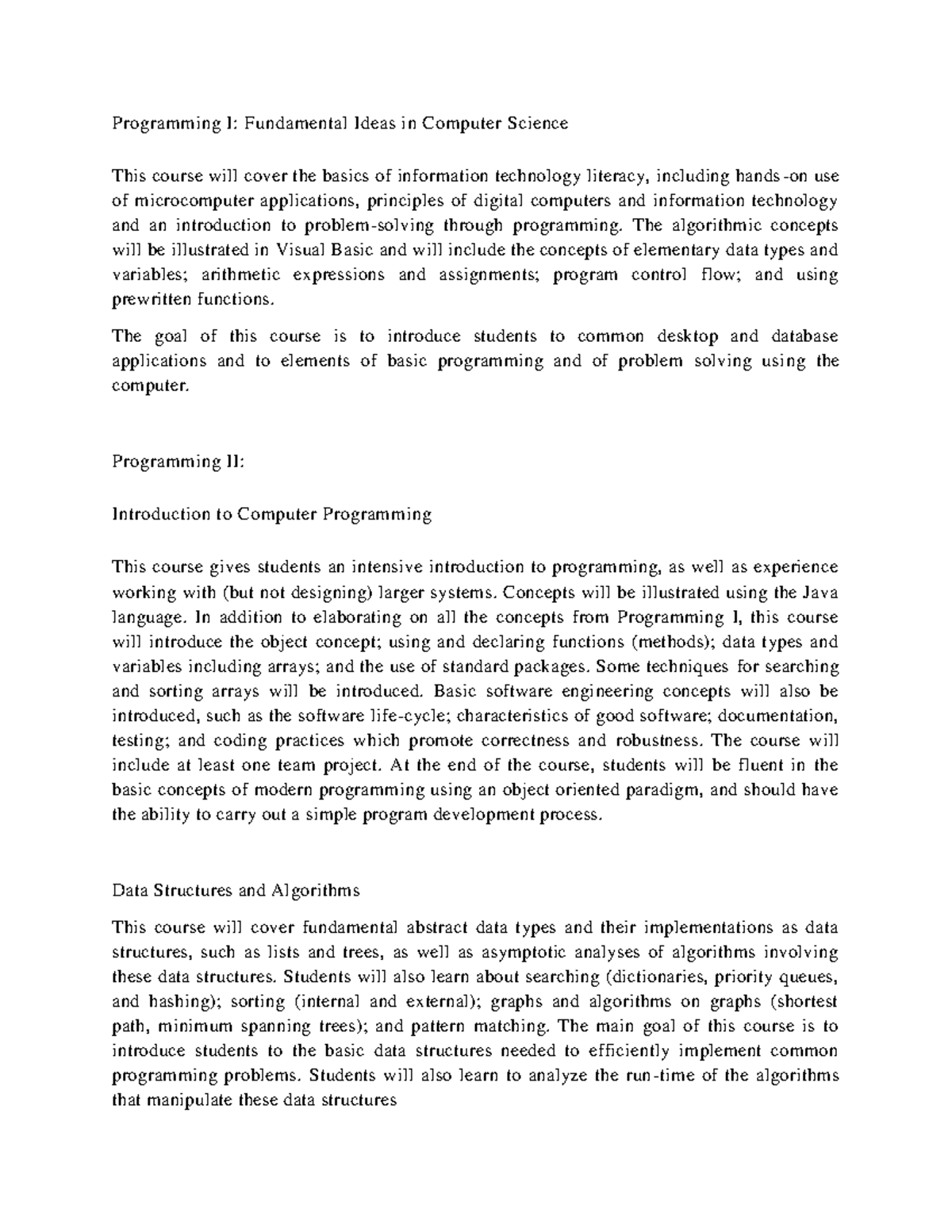 Course Description - Programming I: Fundamental Ideas in Computer ...