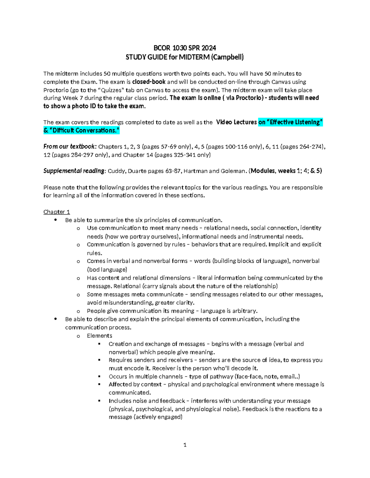 Study Guide for Midterm SPR 2024 - BCOR 1030 SPR 2024 STUDY GUIDE for ...