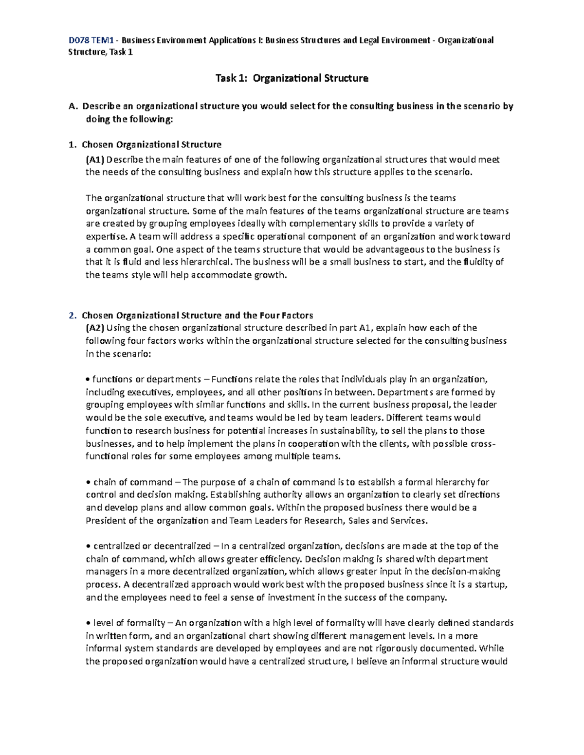 D078 Task 1 Business Structures and Legal Environment - D078 TEM1 ...