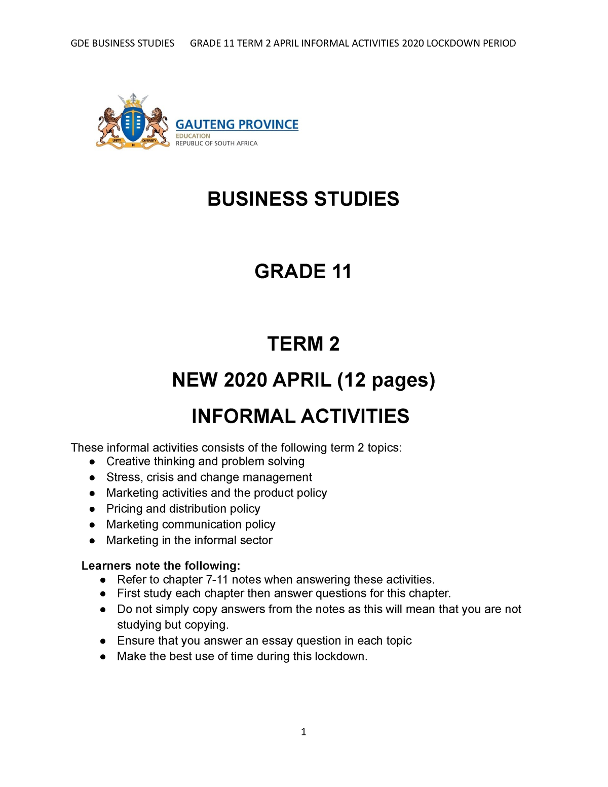 business studies grade 11 essays 2020