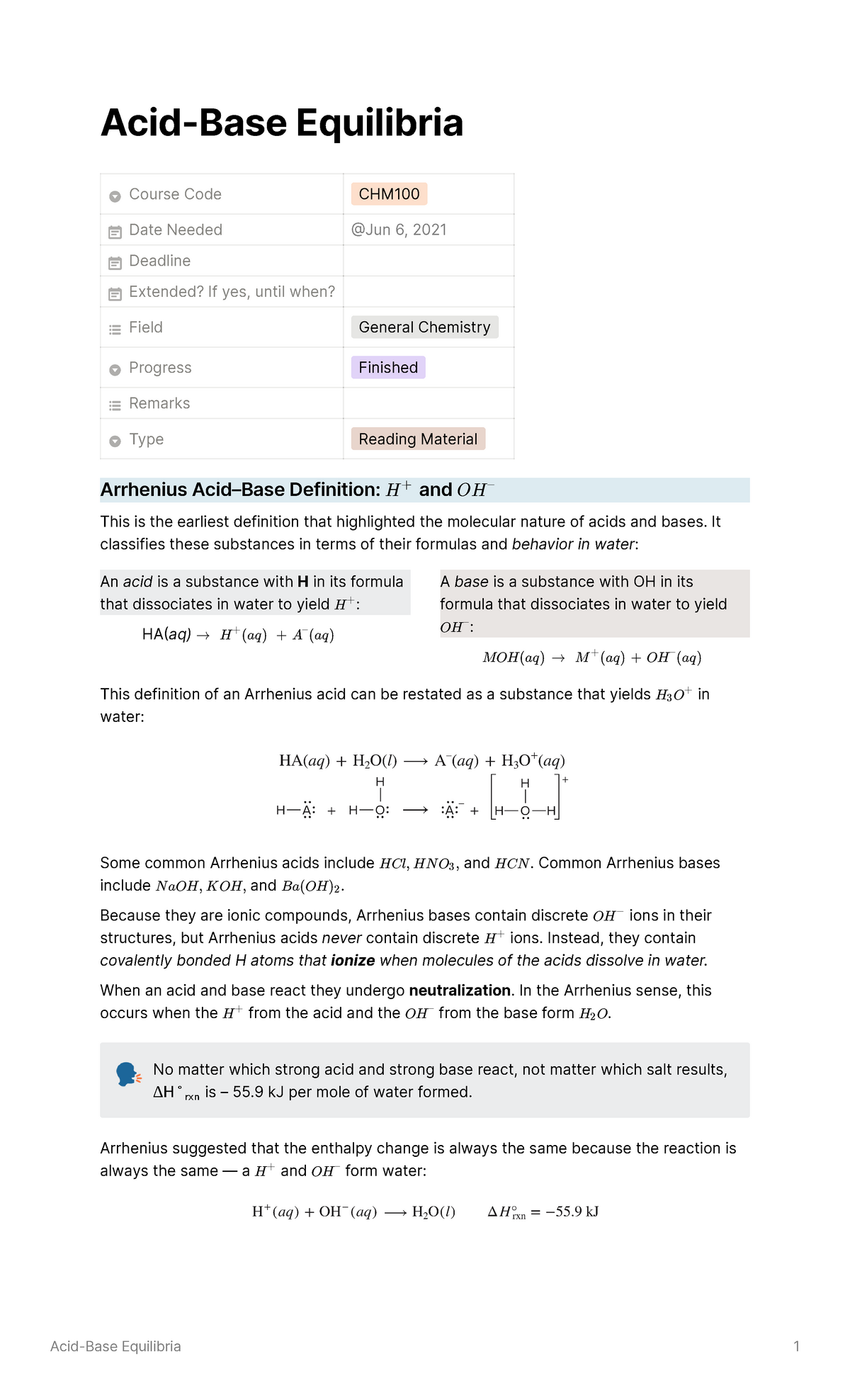 Acid-Base Equilibria - Lecture Notes For CHM100 Gg (Second Semester ...