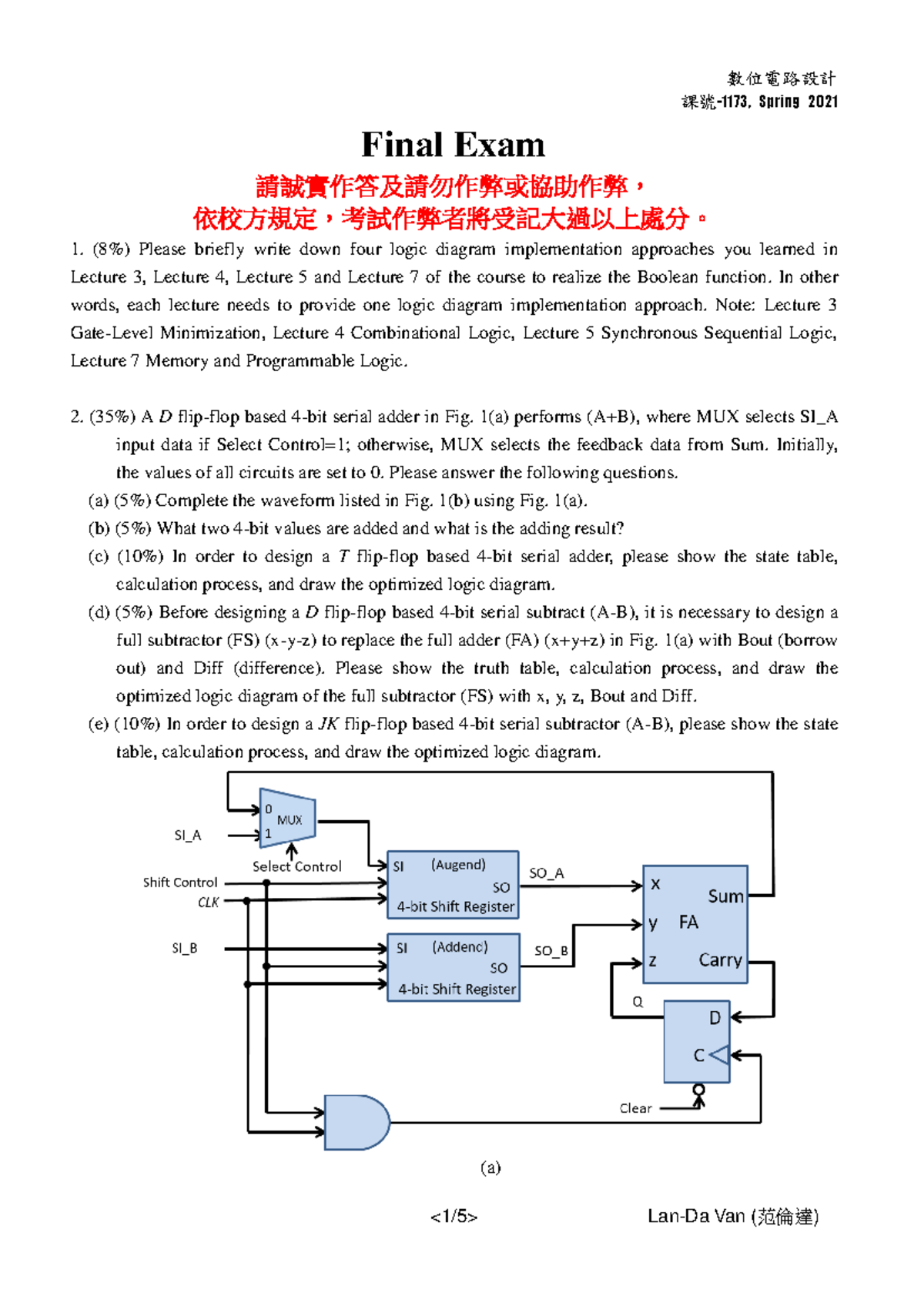 DCD-Final - DCD-Final - 課號- 1173 , Spring 202 1 Final Exam ...