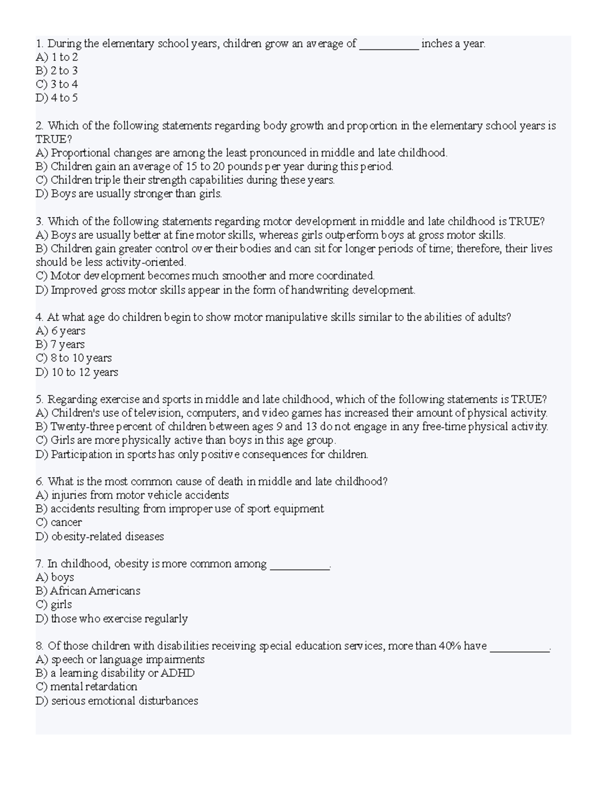 Psyc 2314 Exam 3 Quiz - Motor Work - During The Elementary School Years ...