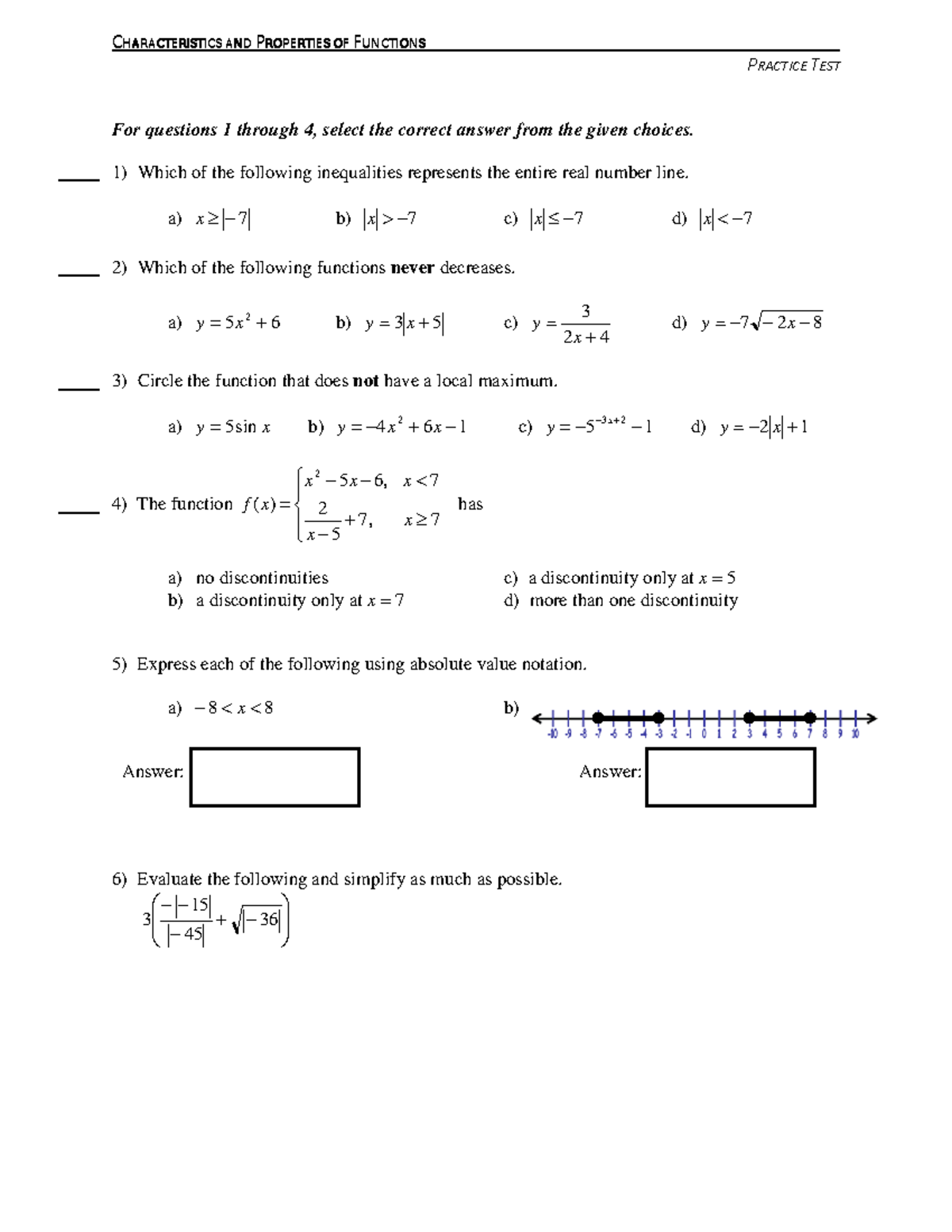 Practice Test Properties of Functions