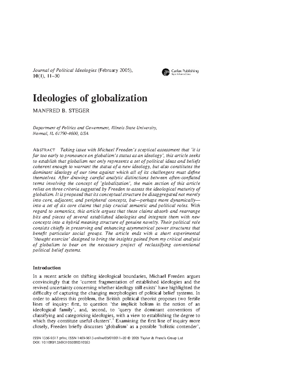 JPI Ideologies of globalization Ideologies of globalization MANFRED B