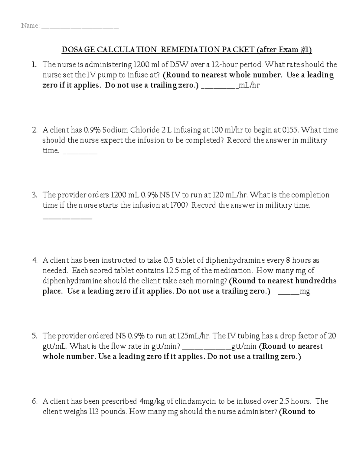 Dosage calculation remediation packet for exam 1 - DOSAGE CALCULATION ...