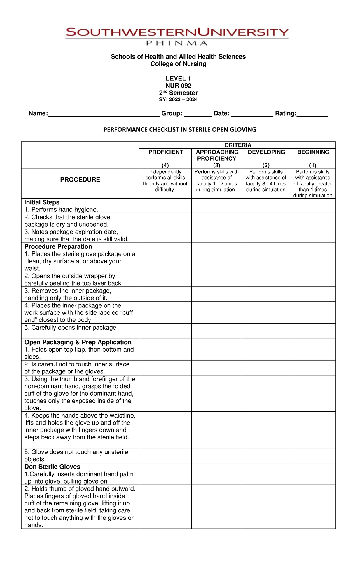 OPEN GLOVING - RETDEM CHECKLIST - Schools of Health and Allied Health ...