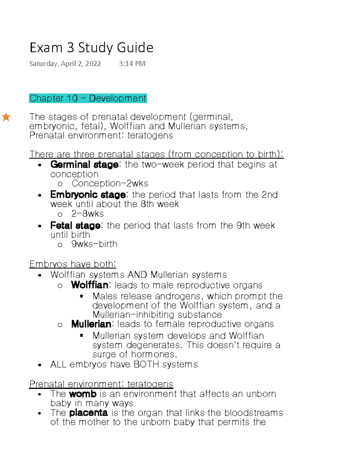 Exam 3 Study Guide - Chapter 10 - Development The stages of prenatal ...