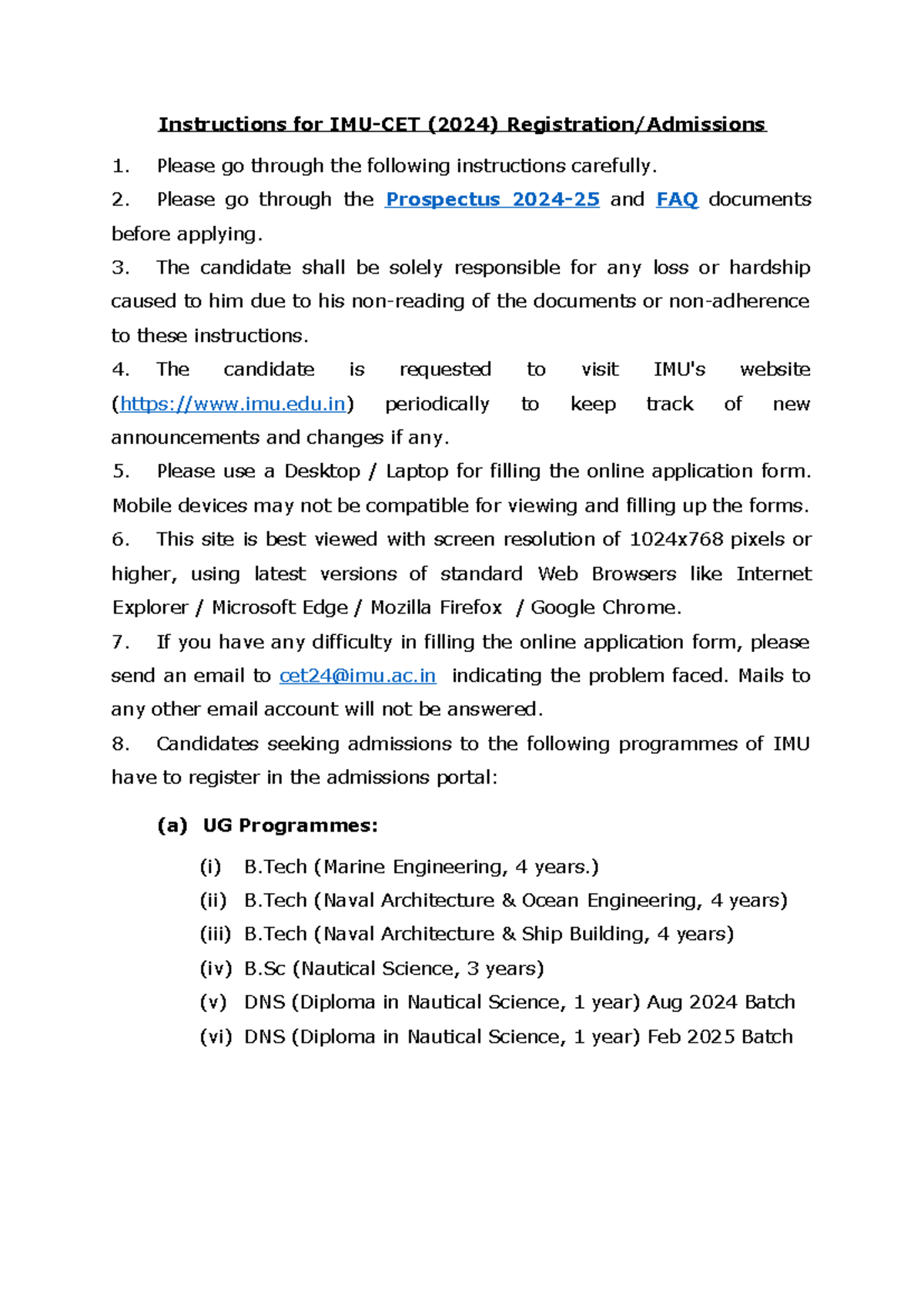 Instructions IMU CET 2024 Instructions for IMUCET (2024