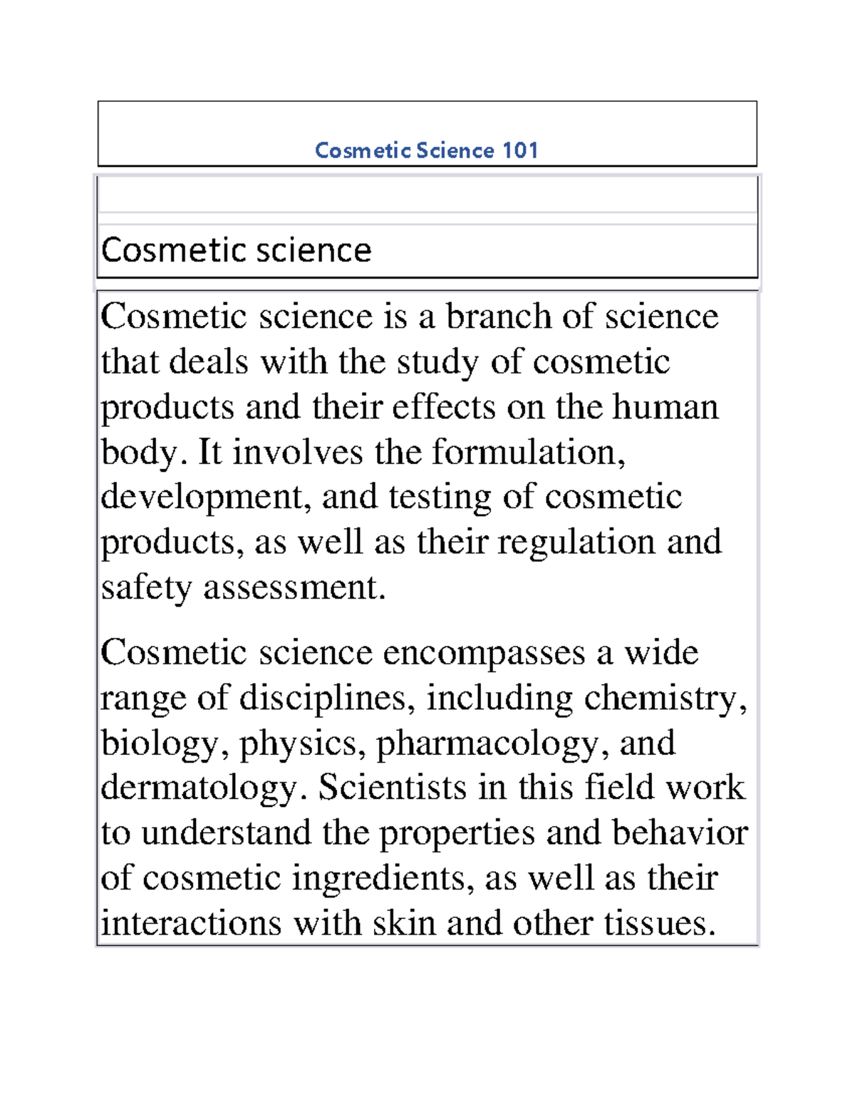 Cosmetic science 1-3 - Cosmetic Science 101 Cosmetic science Cosmetic ...