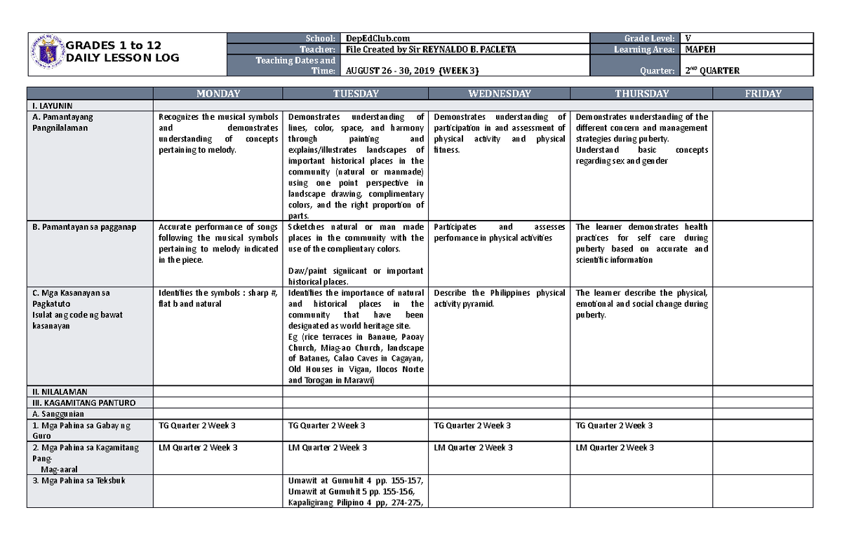 DLL Mapeh 5 Q2 W3 - useful - GRADES 1 to 12 DAILY LESSON LOG School ...