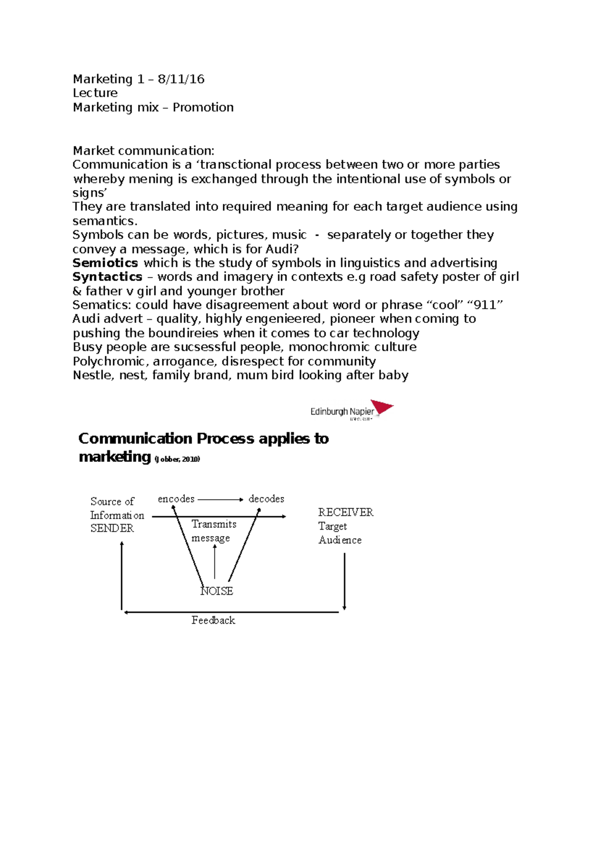 Marketing 1 – 8 - Lecture notes 8 - Marketing 1 – 8/11/ Lecture ...