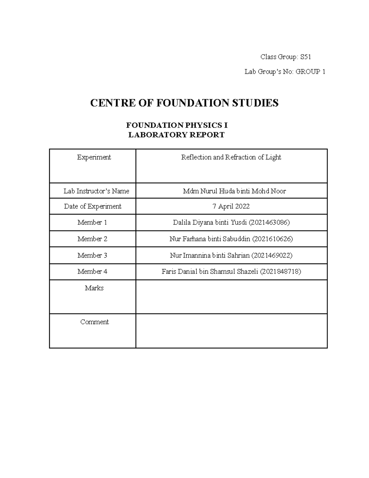 Experiment Optic Class Group S Lab Group’s No GROUP 1 CENTRE OF