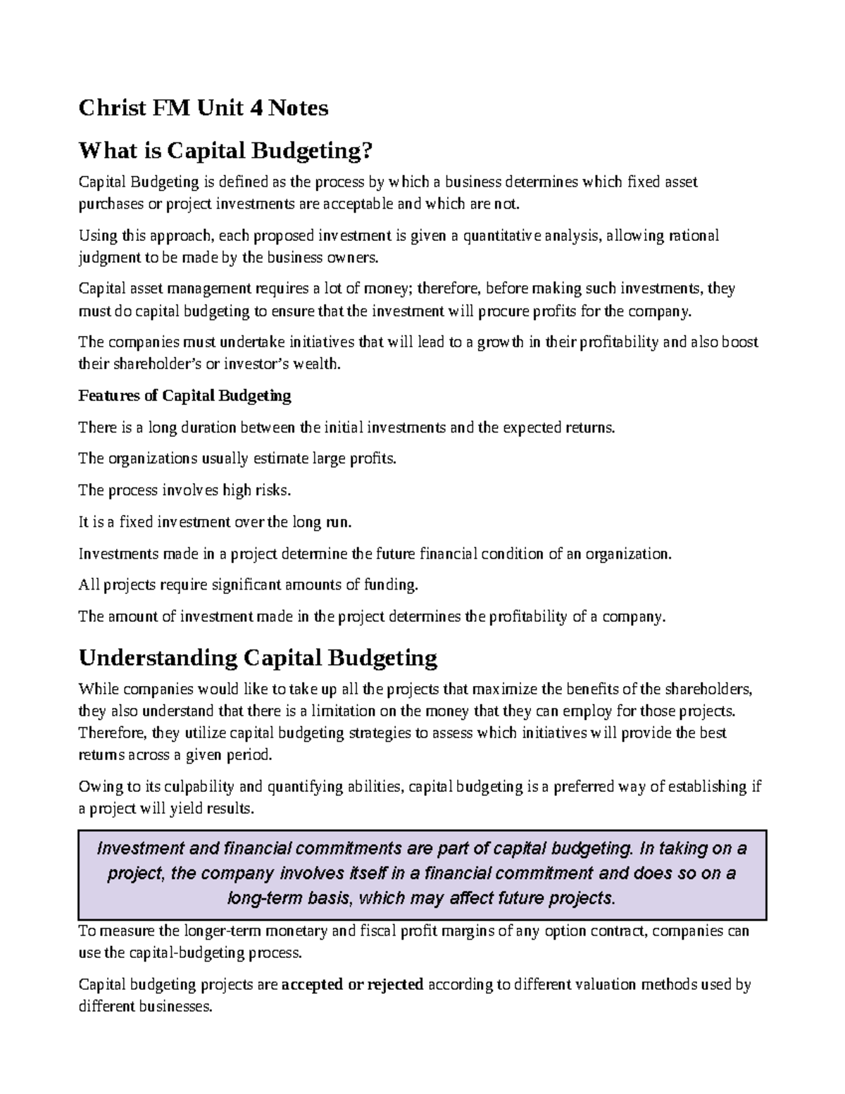 Christ Unit 4 Capital Budgeting Notes - Christ FM Unit 4 Notes What is ...