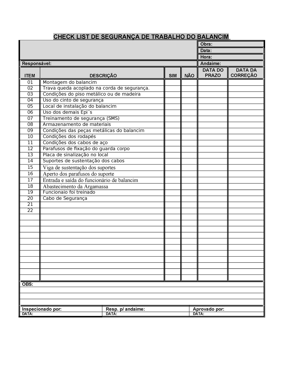 Checklist Montagem Balancim - CHECK LIST DE SEGURANÇA DE TRABALHO DO ...