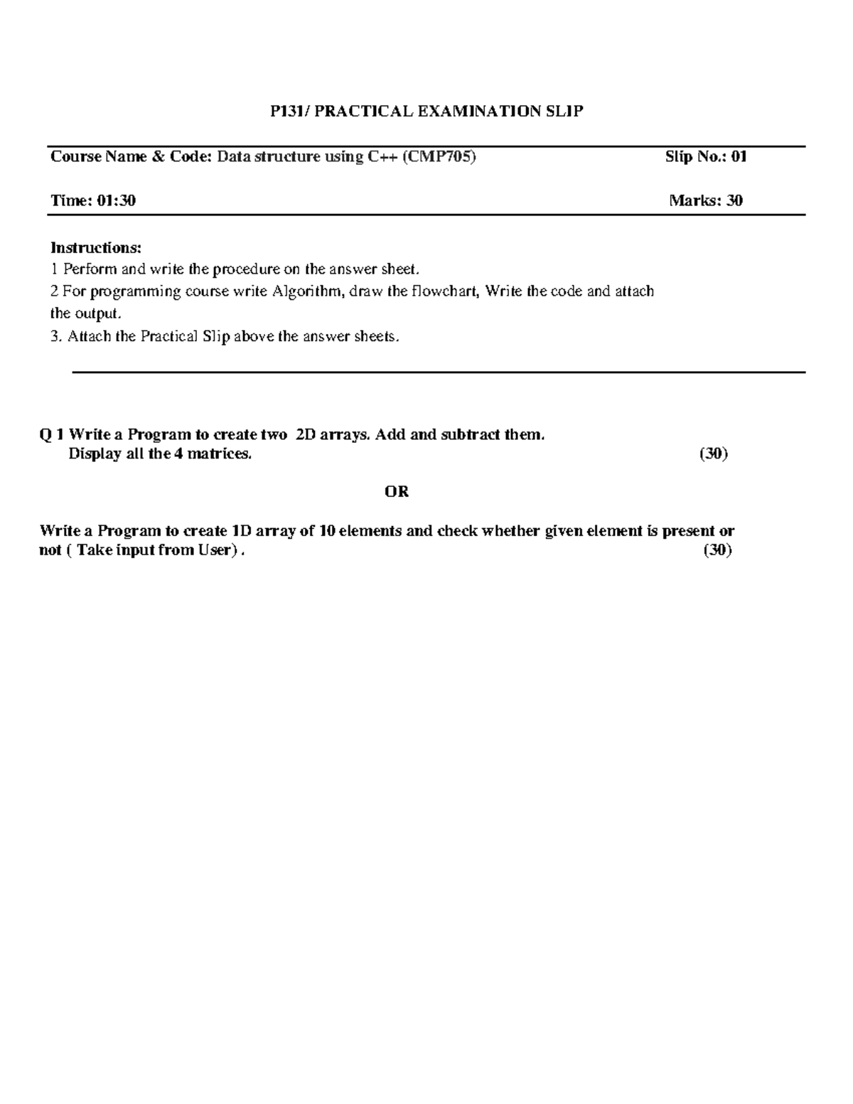 CMP705 Lab Data Structure using C++ Course Name & Code Data structure using C++ (CMP705) Slip