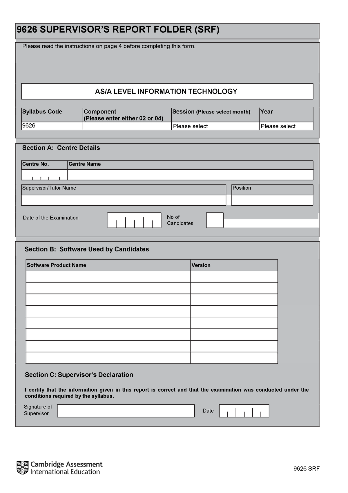 9626 Electronic SRF CAIE 2022 - 9626 SUPERVISOR’S REPORT FOLDER (SRF ...